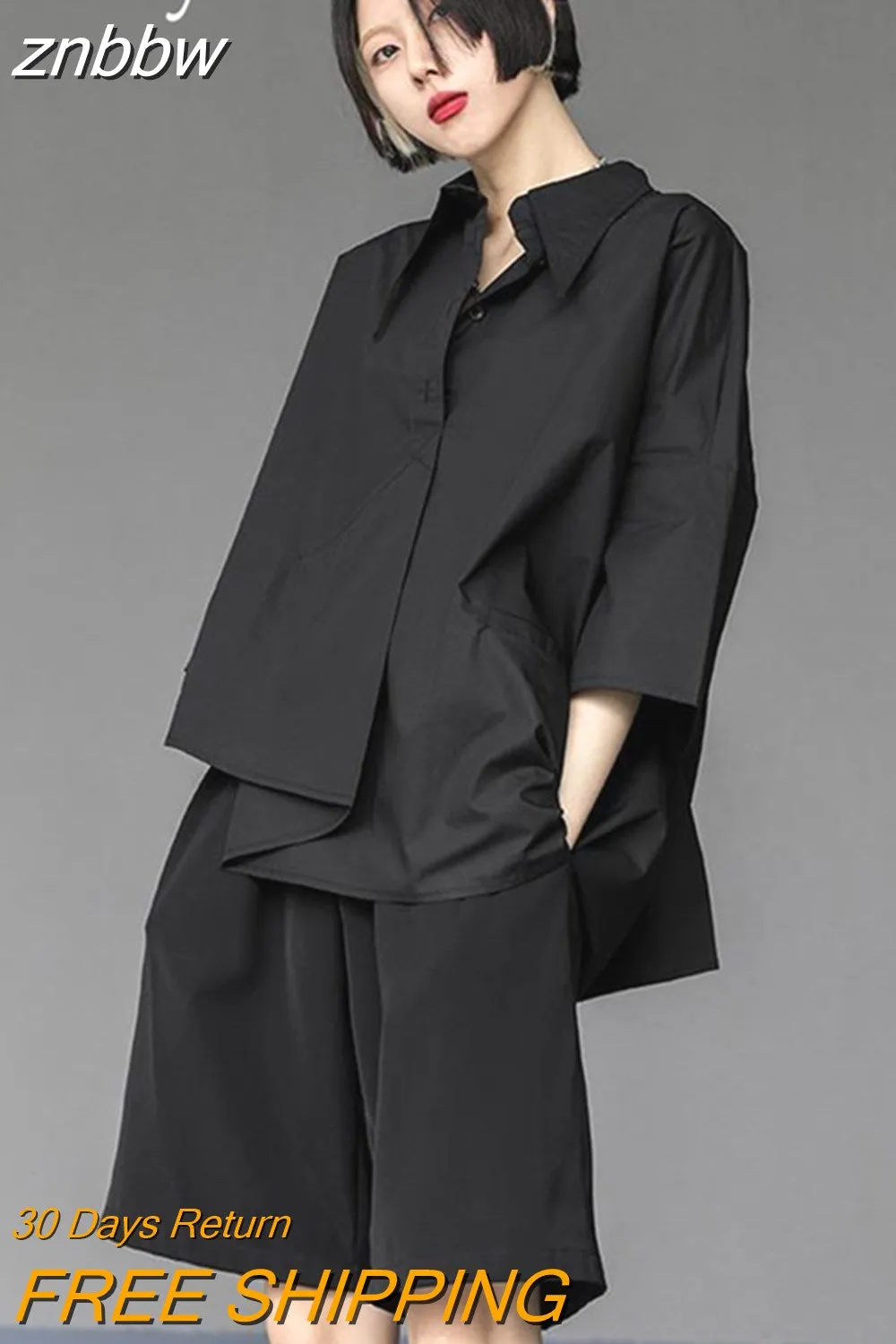 znbbw 2023 Summer New Half Sleeve Oversize Gothic Shirt Women Y2K Asymmetrical Black Button Ladies Blouse Street Clothing Tops