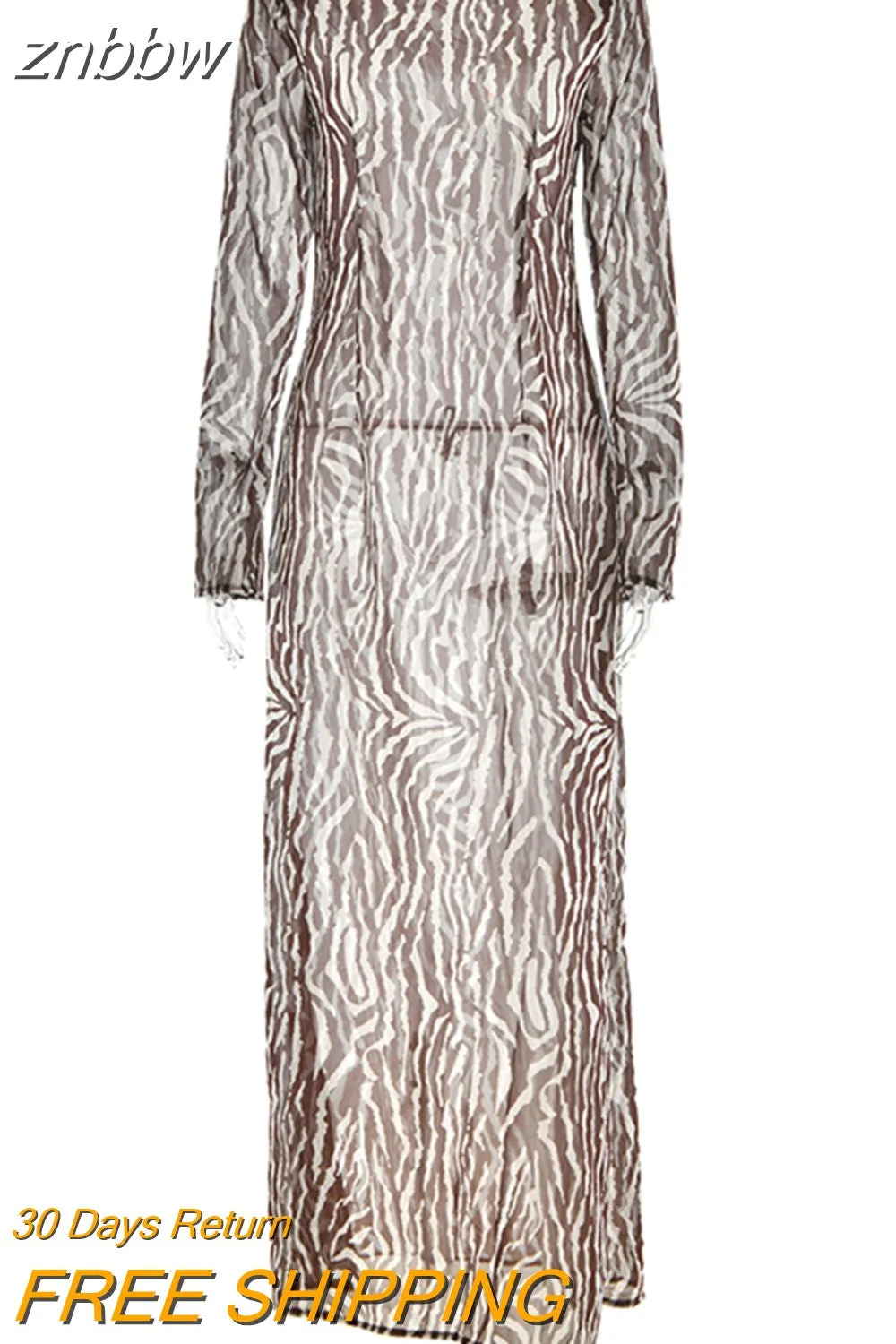 znbbw Autumn Elegant Zebra Print Maxi Dress For Women Sexy See Through Long Sleeve Bodycon Club Party Dress Spring Casual Dress - Image 2
