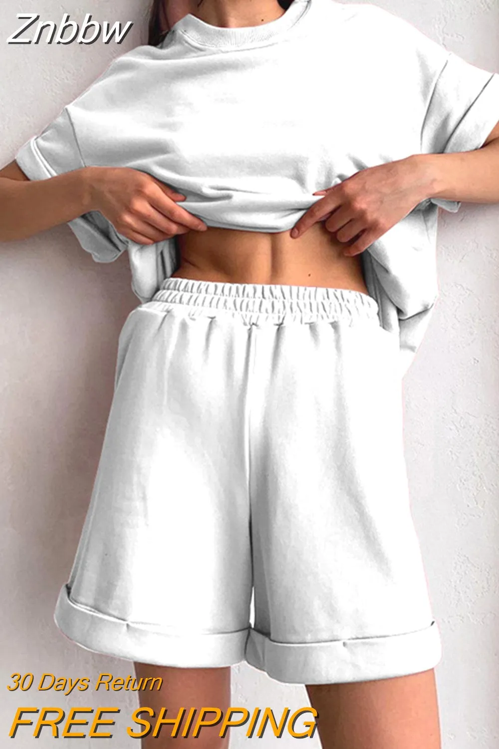 Znbbw Women Tracksuit Summer Cotton Shorts with T-shirt Casual Two Piece Sets Loose Pants Suits Top Woman Elastic Waist Shorts Outfits - Image 5