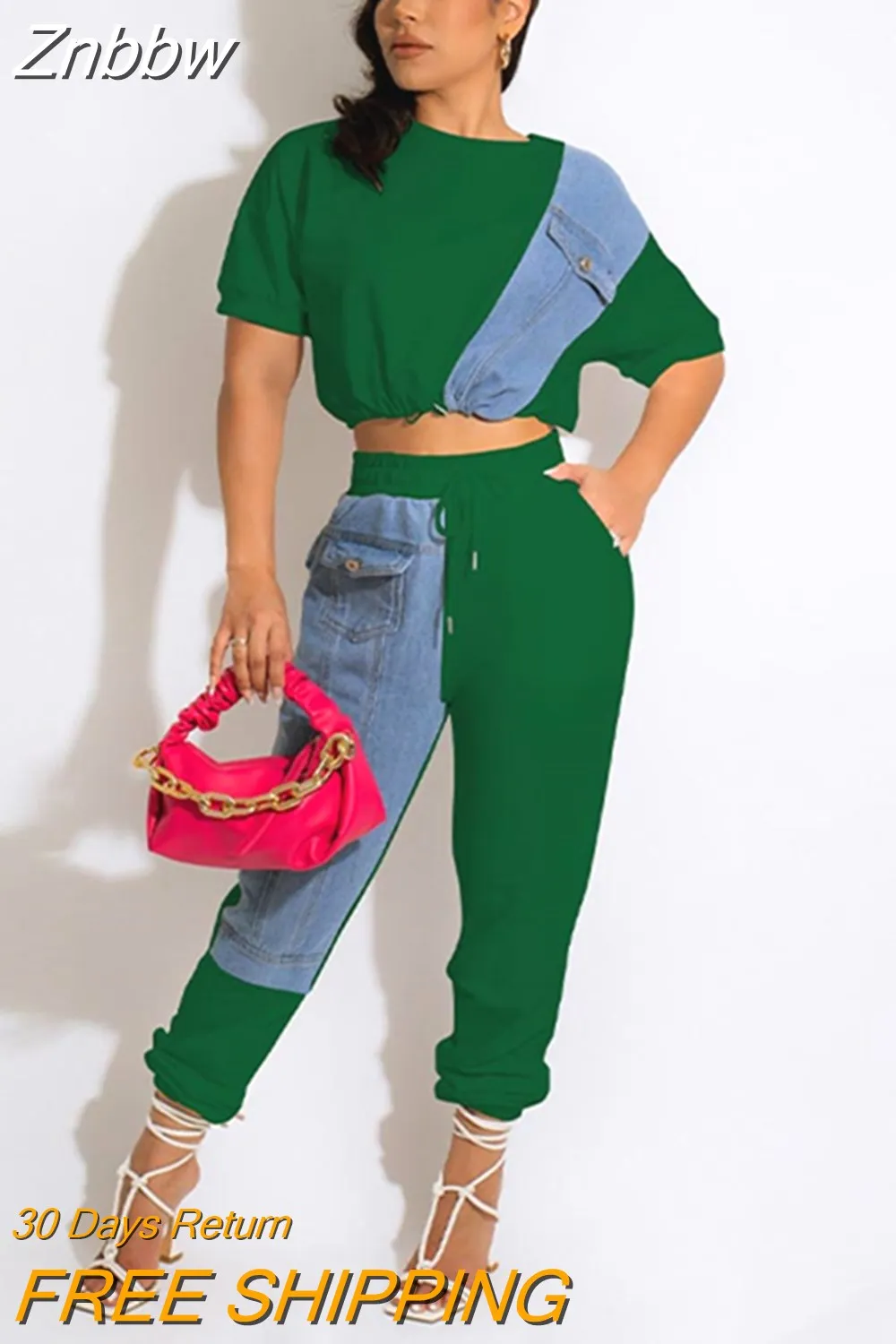 Znbbw Jean Patchwork Women Two 2 Piece Set 2023 Summer Tee And Jogger Pants Matching Set Female Suits - Image 9