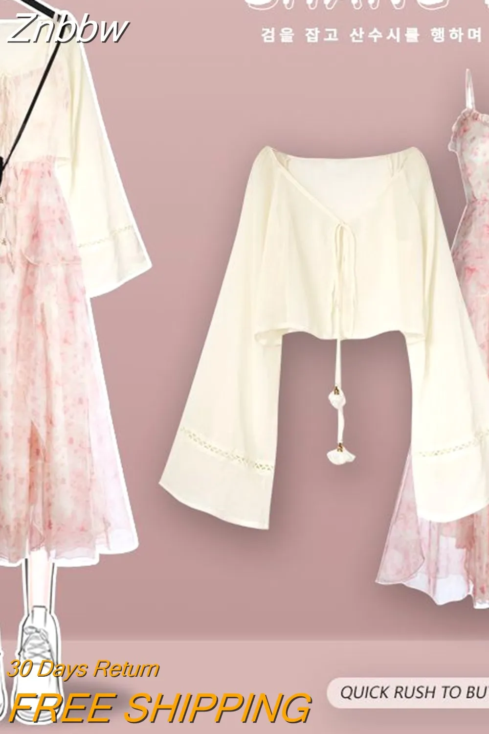 Znbbw Women's Spring Summer Fashion Long Sleeve Top Shirts +Strap Dress Two Piece 2023 Korean Elegant New in Matching Set Femlae Skirt - Image 4