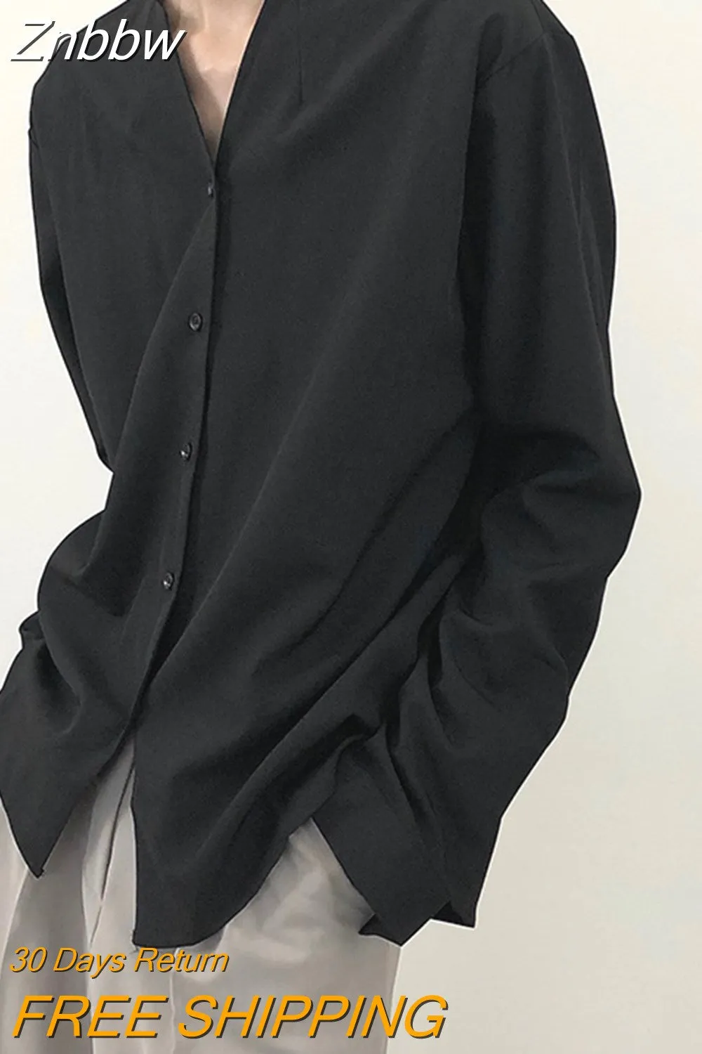 Znbbw Autumn Men Shirt Casual Loose Long Sleeve V-Neck Shirts Streetwear Vintage Fashion Blouses Office Daily Clothing - Image 6