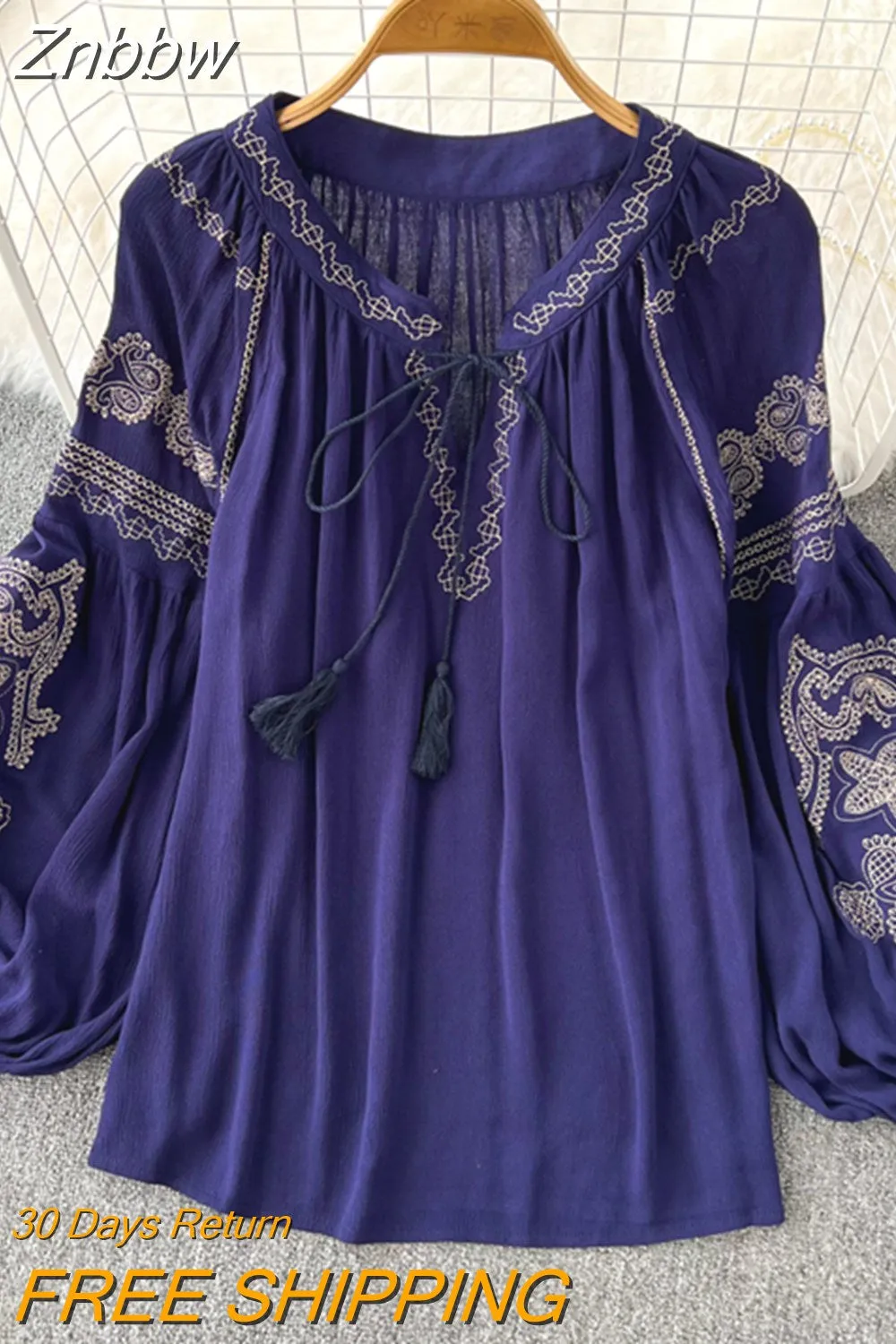 Znbbw Versatile Embroidery Shirt Women's Spring Autumn 2023New V-Neck Long Sleeve Bohemian Loose Blouse Womens Tops G06 - Image 5