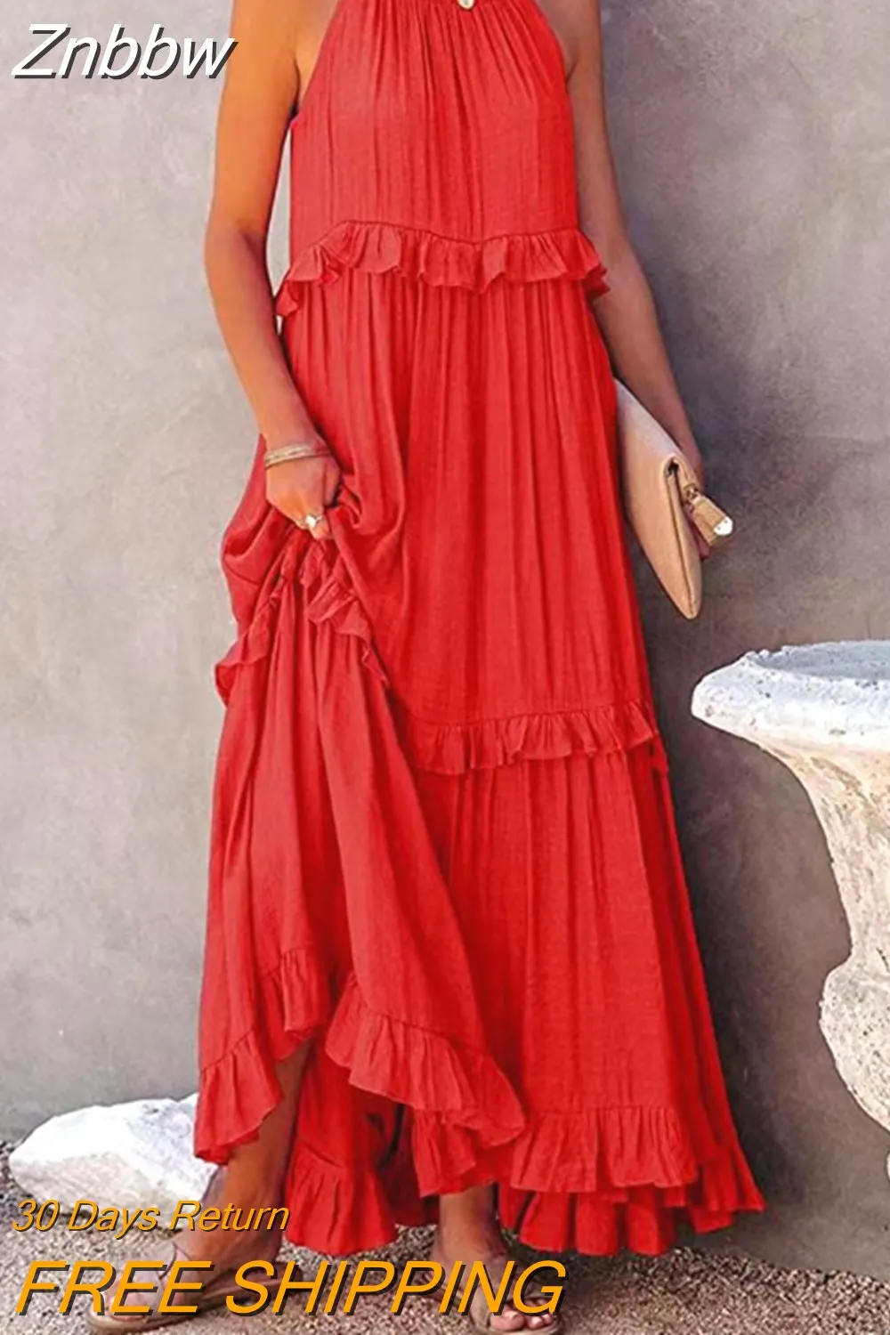 Znbbw Women Solid Vintage Long Dress Summer Boho Elegant Halter Sleeveless Ruffle Layered Dress Female Casual Beach Party Maxi Dress - Image 8