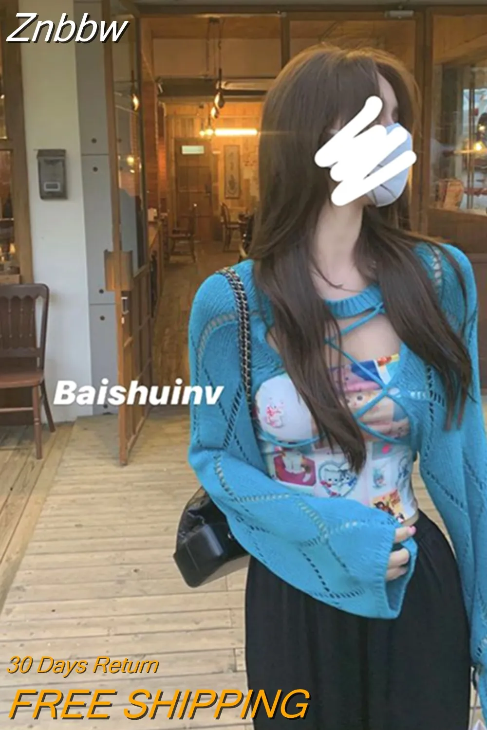 Znbbw Y2K Korean Fashion Hollow Out Cardigan Women Harajuku Sexy Slim Knitted Cropped Sweater Streetwear Casual All-match Top