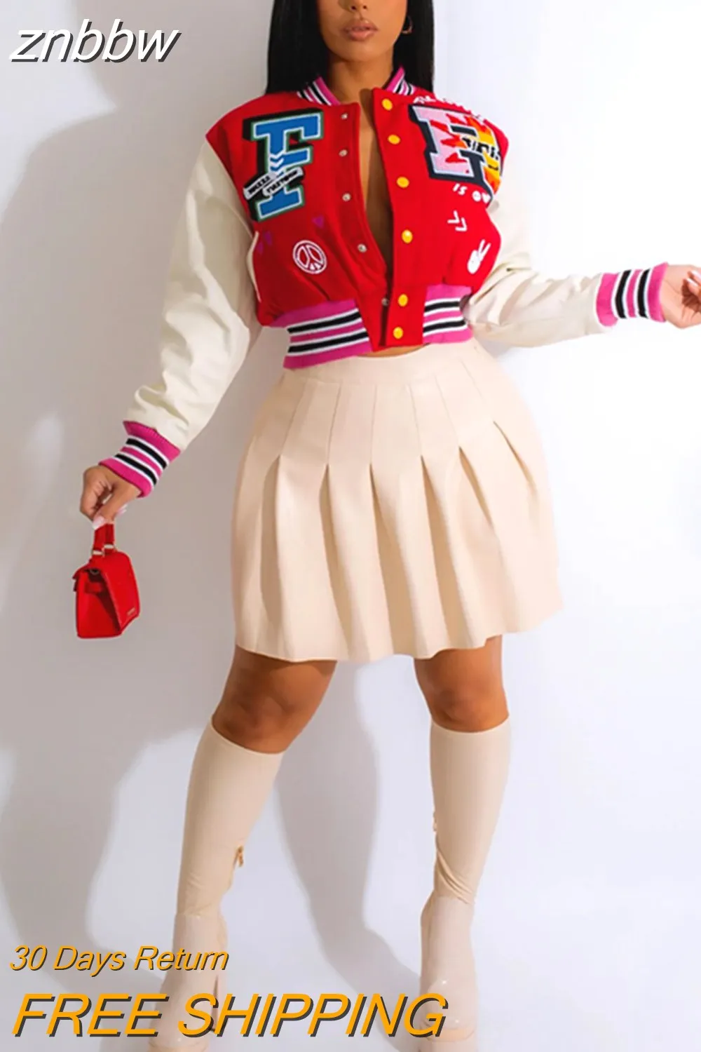 znbbw Autumn Letter Print Patchwork Varsity Jackets Casual Outfit For Women 2023 Long Sleeve Button Up Cropped Jacket Female - Image 2