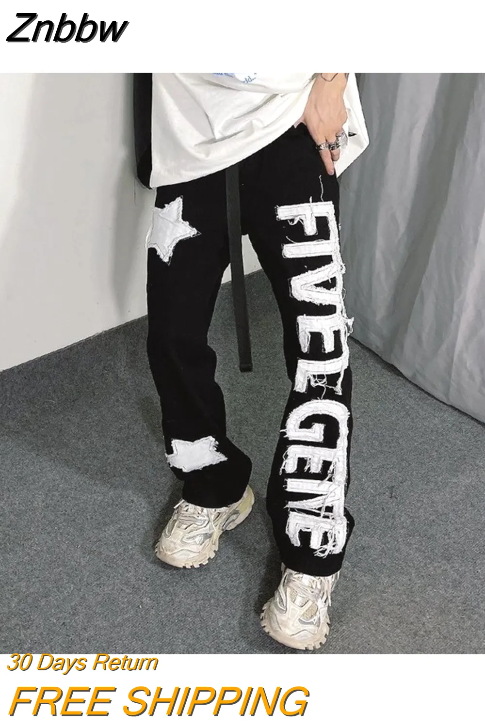 Znbbw and American high street letters patch tassel jeans men's tide brand hip-hop fried street retro loose straight trousers