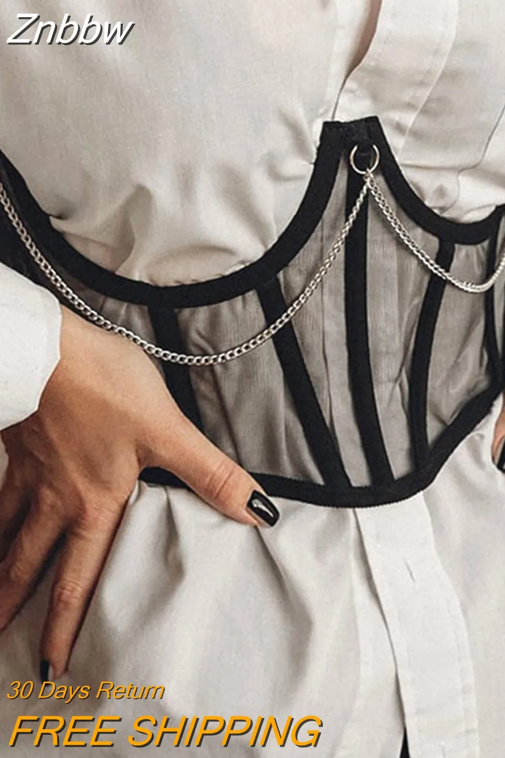 Znbbw Chain Detail Breast Support Mesh Corsets Wide Belt for Women Fashion Accessories Lace Up Back Slim Fit Corset