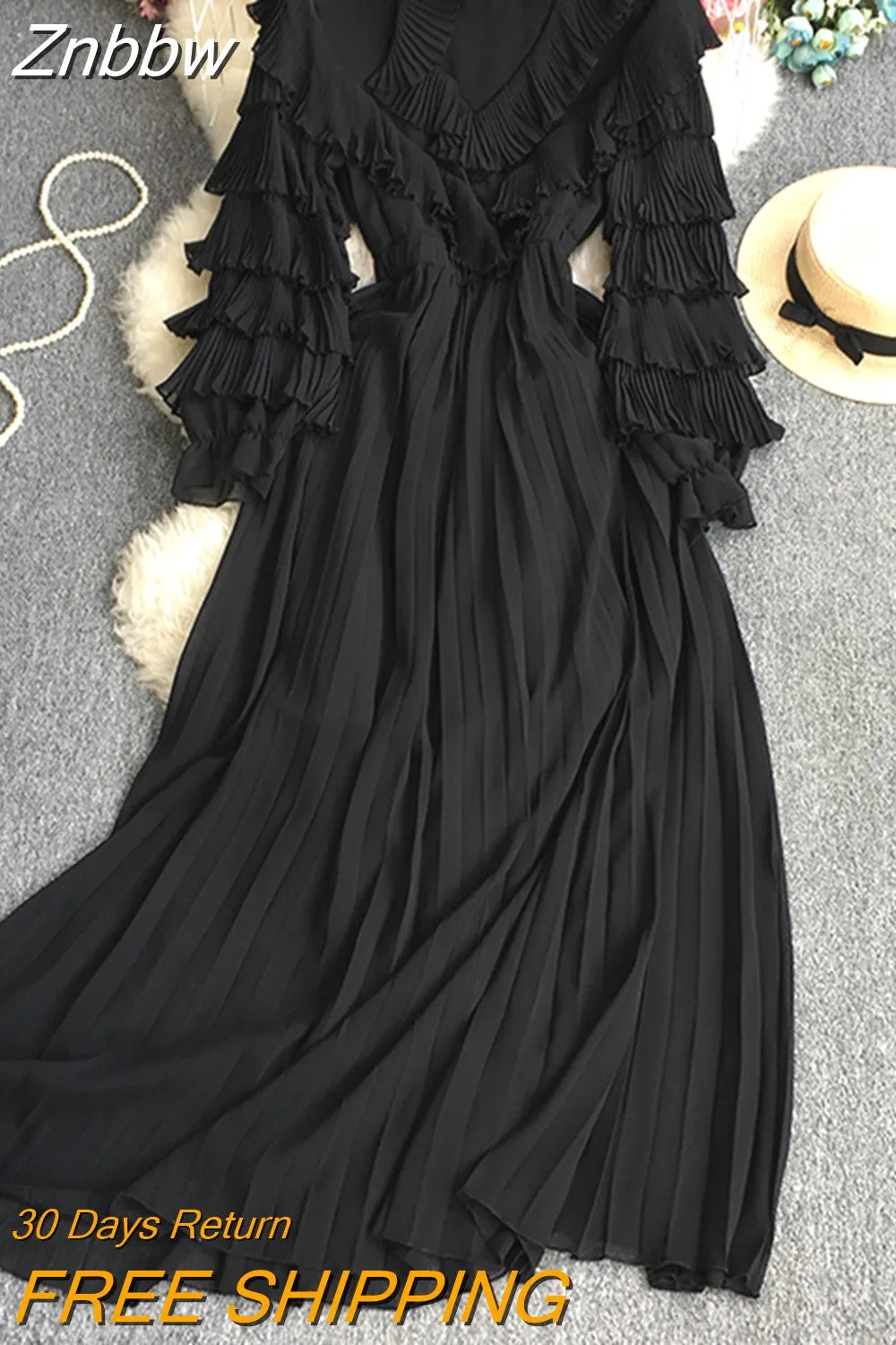 Znbbw Women Spring Autumn Dress Temperament Fold Solid Color Round Neck Sweet A-line Pressed Lace Long Sleeve Dress D2301 - Image 4