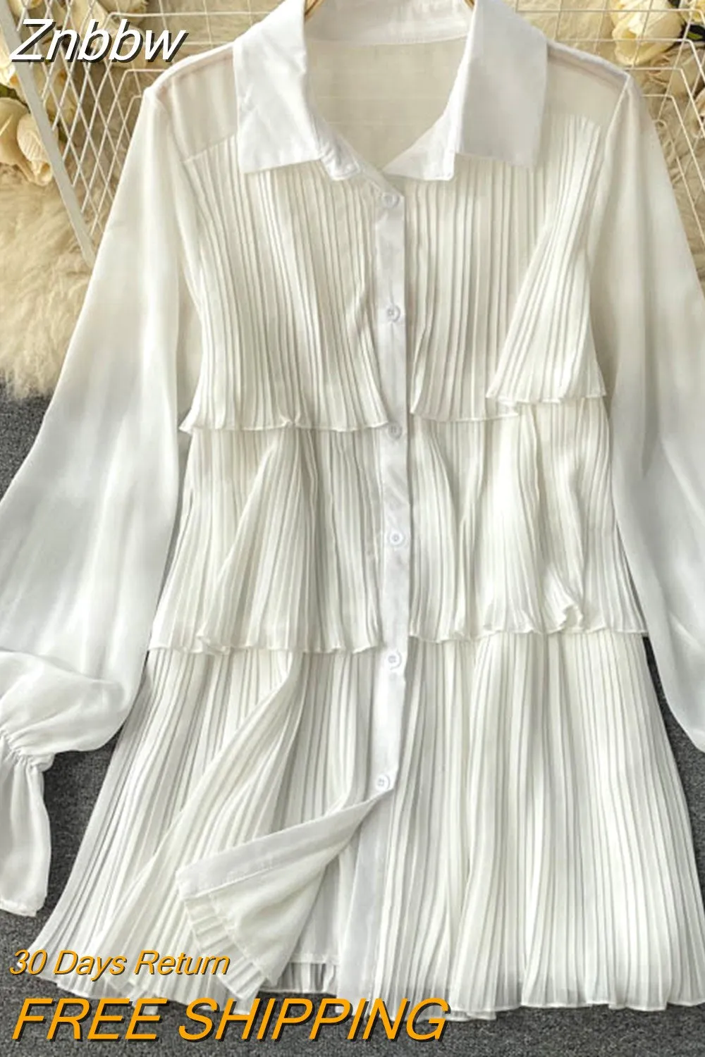 Znbbw Women's Spring Autumn Shirts New Design Niche Pleated Ruffled Mid-length Bubble Puff Sleeve Chiffon Top Female Blusa GX1044 - Image 7