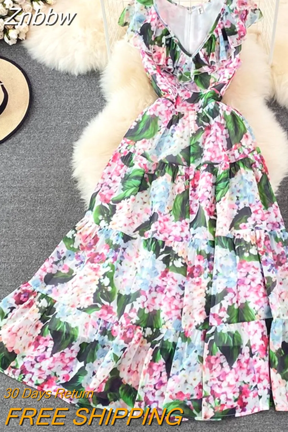 Znbbw Beach Dresses For Women 2023 Summer Ruffles V-Neck Cloak Sleeve Green Hydrangea Print Cascading Bohemian Dress N8297 - Image 4