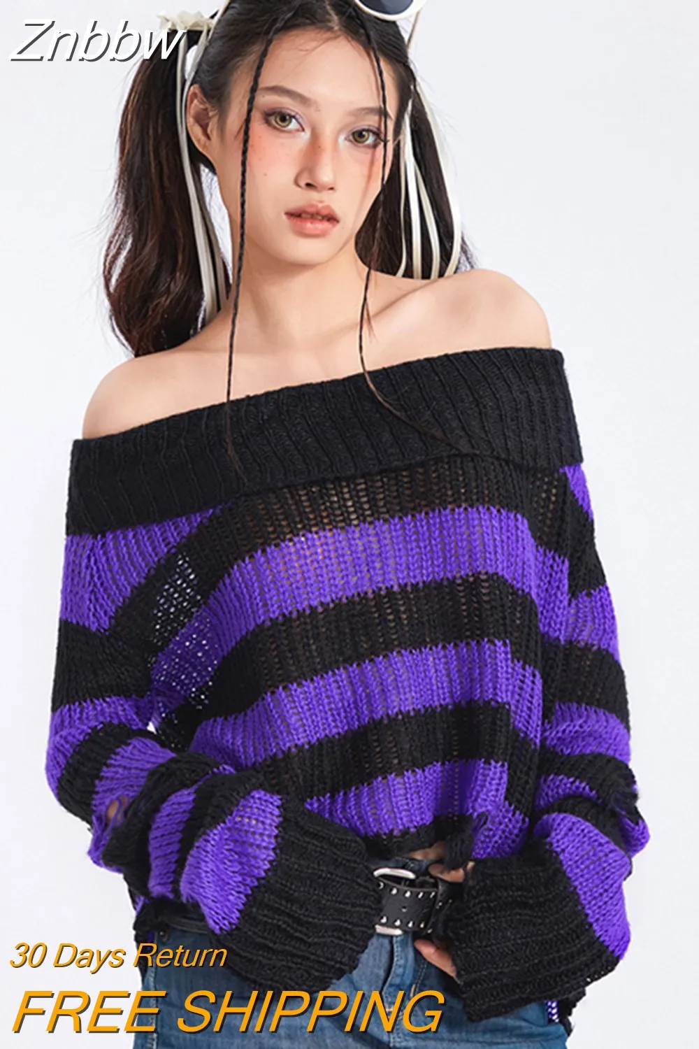 Znbbw Y2k Punk Rock Zipper Sexy Off Shoulder Sweaters Women Gothic Black Grey Stripes Broken Hole Loose Knitted Jumpers - Image 3