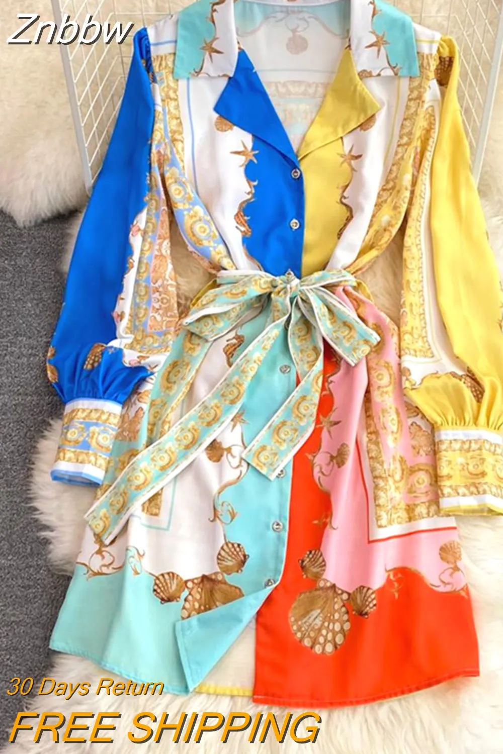 Znbbw 2023 Spring Fashion Designer Linen Mini Dress Women V-Neck Lantern Sleeve Contrast Printed Lace Up Belt Short Vestidos - Image 2