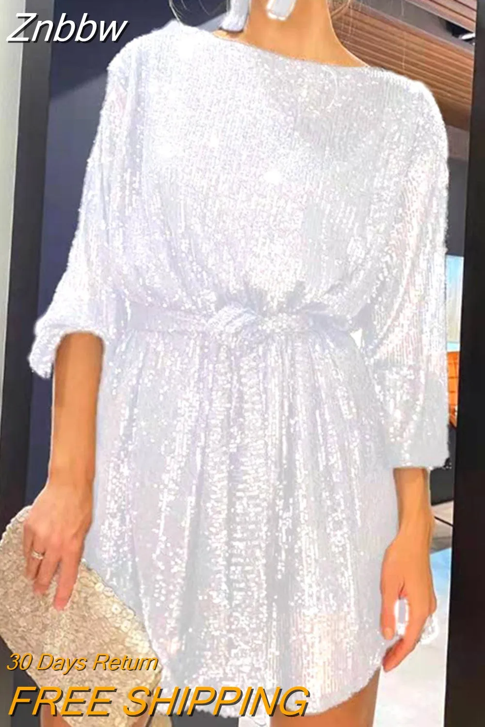 Znbbw Autumn Fashion Light Gold Sequined Gitter Sexy Bodycon Mini Dress Women O Neck Long Sleeve Lace Up Evening Party Dresses - Image 10