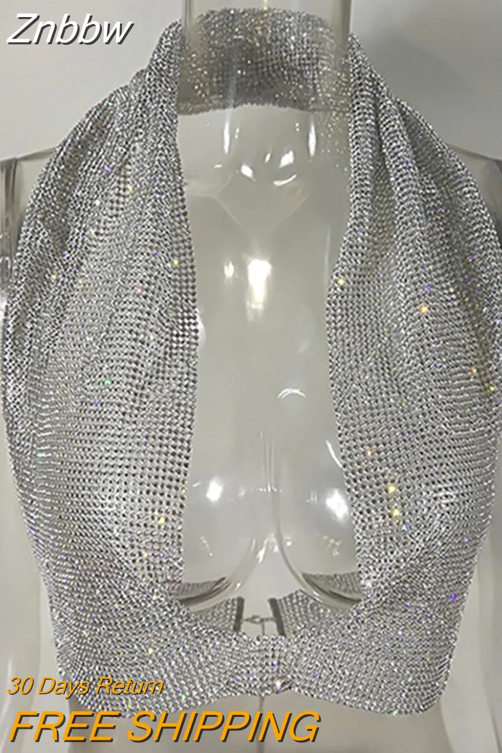 Znbbw 2023 Crystal Crop Top Camis Sparkly Sexy T Shirt Metal Chain Backless Club Vest Celebrity Party Tank Tops Camisetas Mujer - Image 5