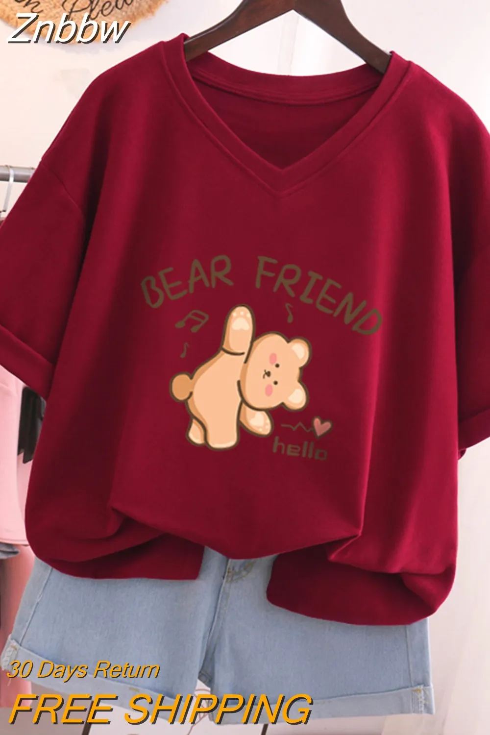 Znbbw 100% Cotton L-5XL Plus Size T Shirt Bunny Print V Neck Tshirt Short Sleeve Women Top Basic Summer Couple Solid T Shirts - Image 2