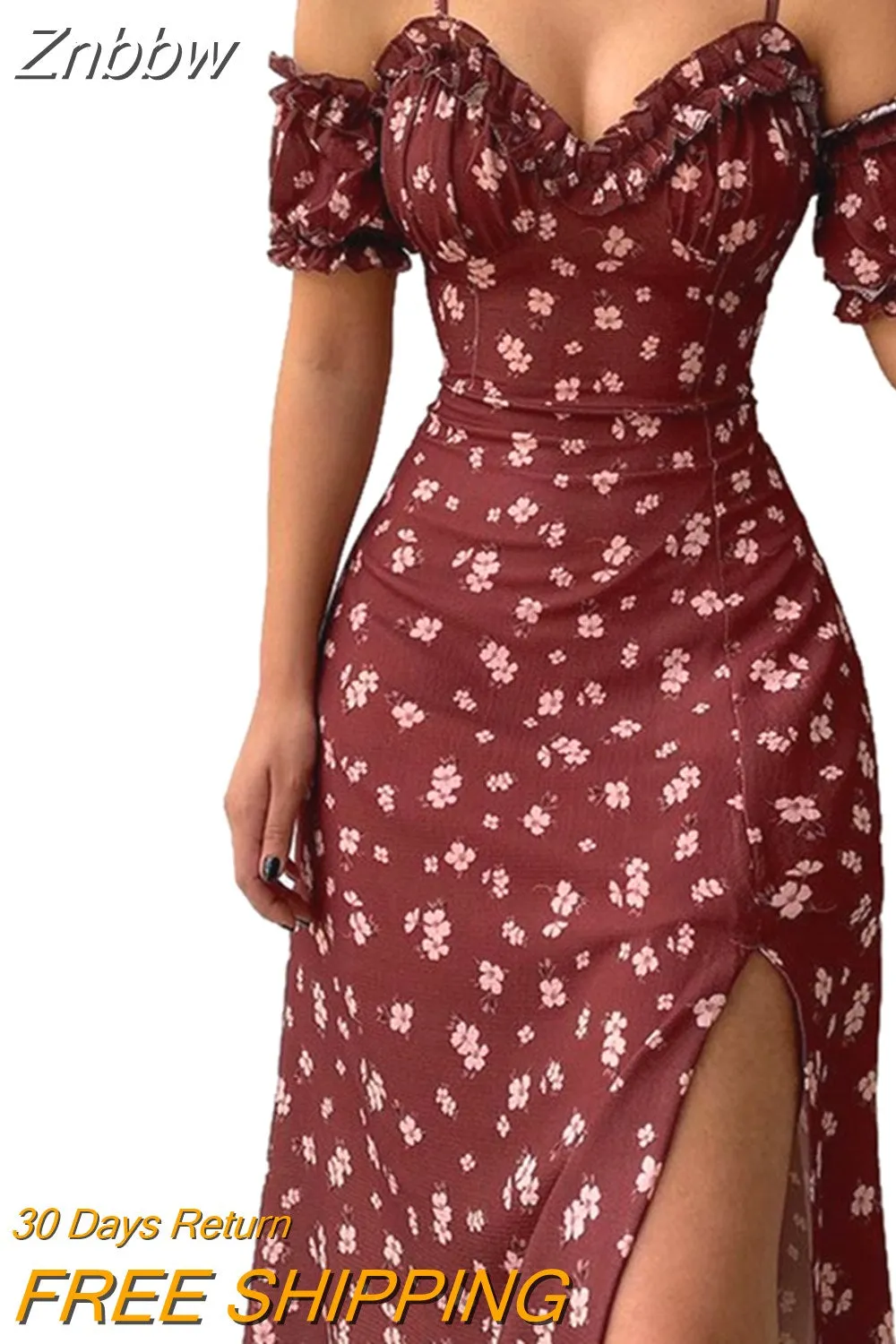 Znbbw New Summer Elegant Casual Floral Print Off Shoulder Split Dress Women Short Sleeve Slim Midi Dress for Club Party Holiday - Image 7