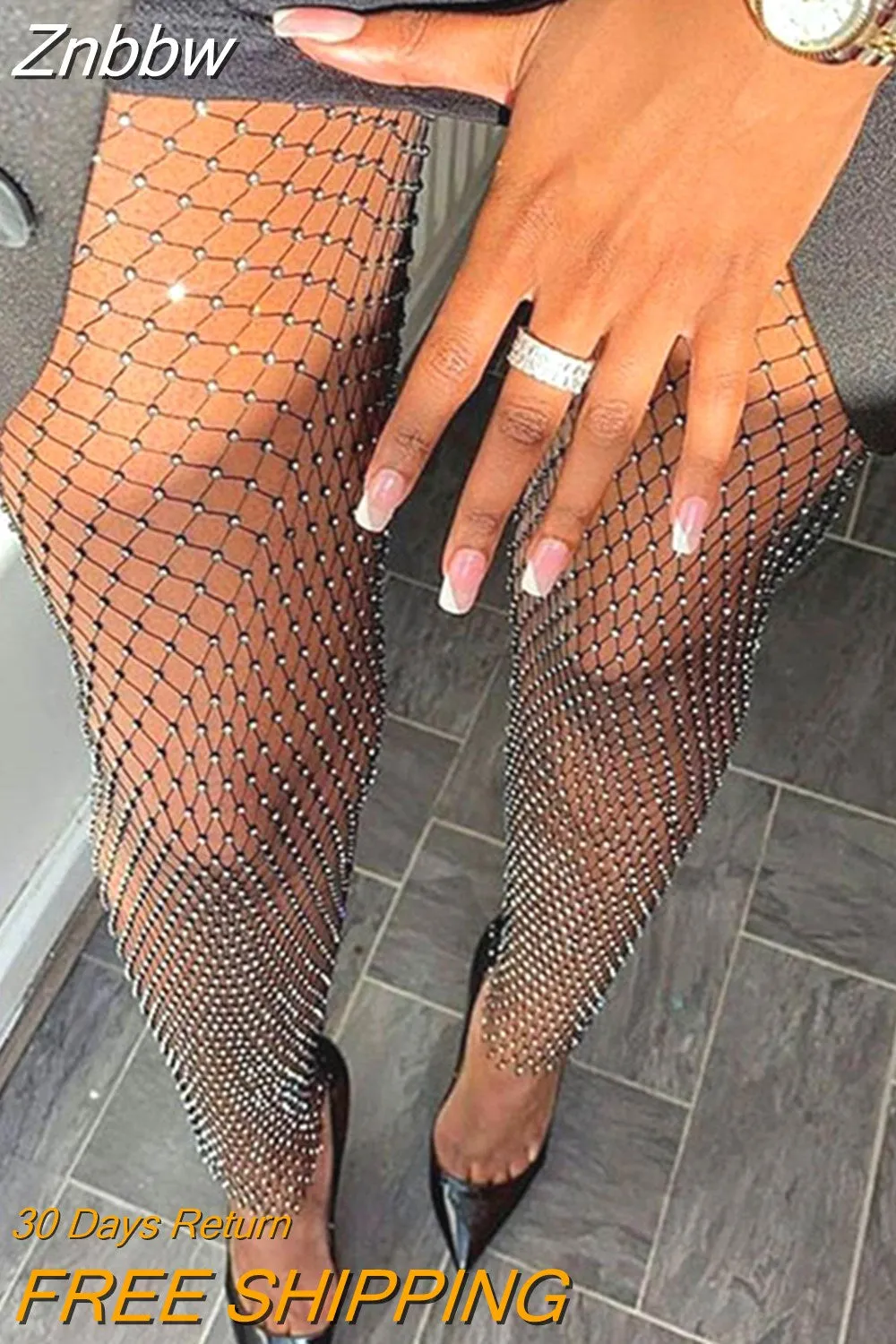 Znbbw Diamond Mesh Pants Women Sexy Summer Hollow Out Transparent Loose Long Fishnet Pants 2023 New BeachWear Trousers