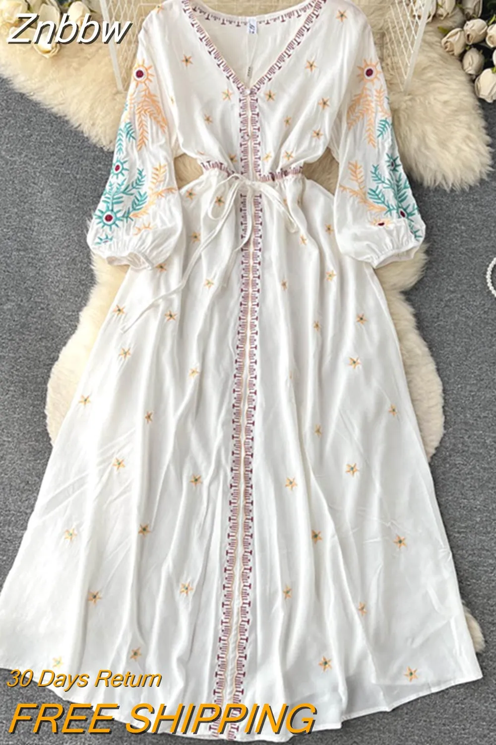 Znbbw Ethnic Style Lace Up Lantern Sleeve Waist Slimming Embroidery Red Temperament Dress Stunning Long Vestidos Women D1473 - Image 4