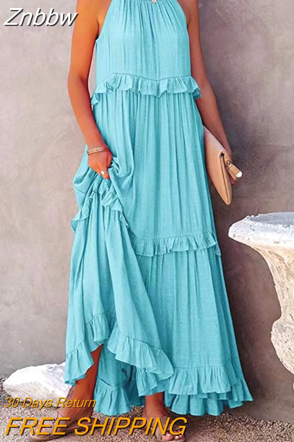 Znbbw Women Solid Vintage Long Dress Summer Boho Elegant Halter Sleeveless Ruffle Layered Dress Female Casual Beach Party Maxi Dress - Image 6
