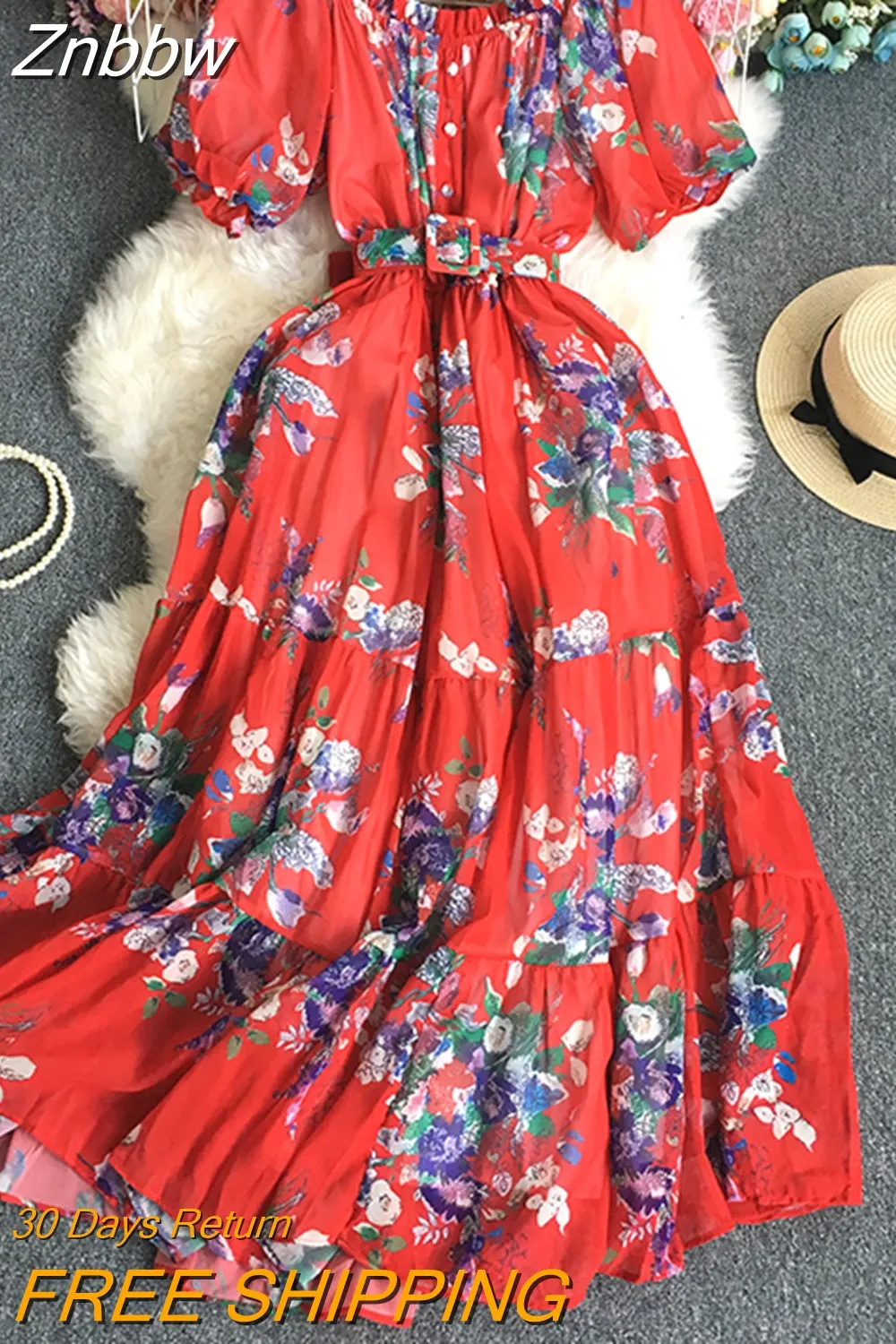 Znbbw Women Summer Dress Grace Temperament Sweet High Waist Flat Collar Floral Short Sleeve Folding A-line Vestidos D2441 - Image 6