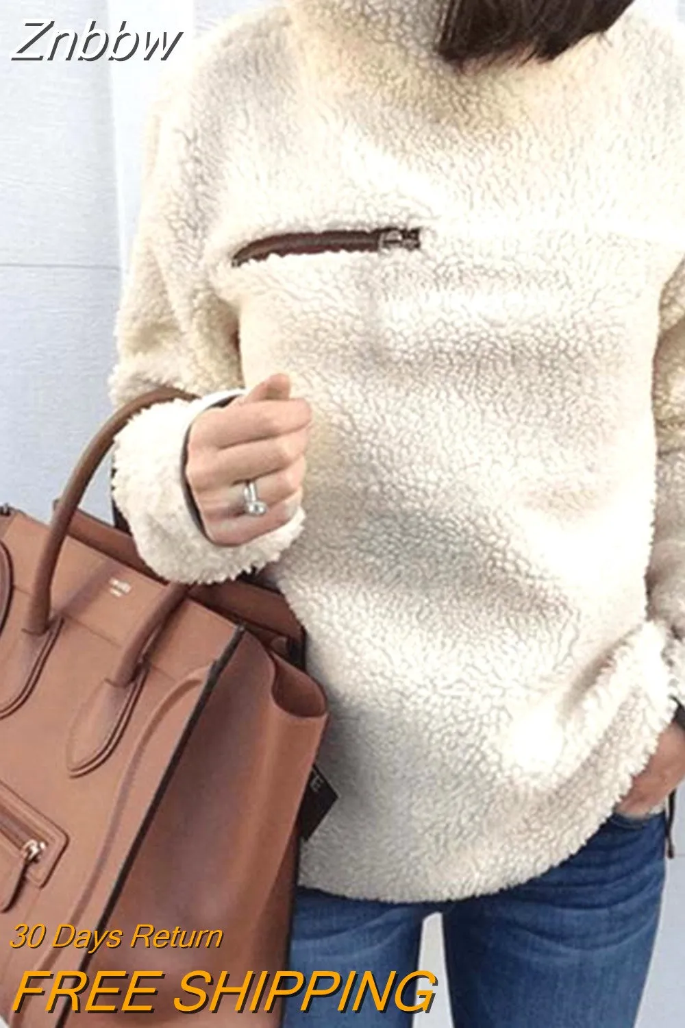 Znbbw Women Sweatshirts Autumn Winter Top Long Sleeve Plush Warm Pullover Tunic Female Pink Ladies Clothing Zipper Streetwear - Image 4