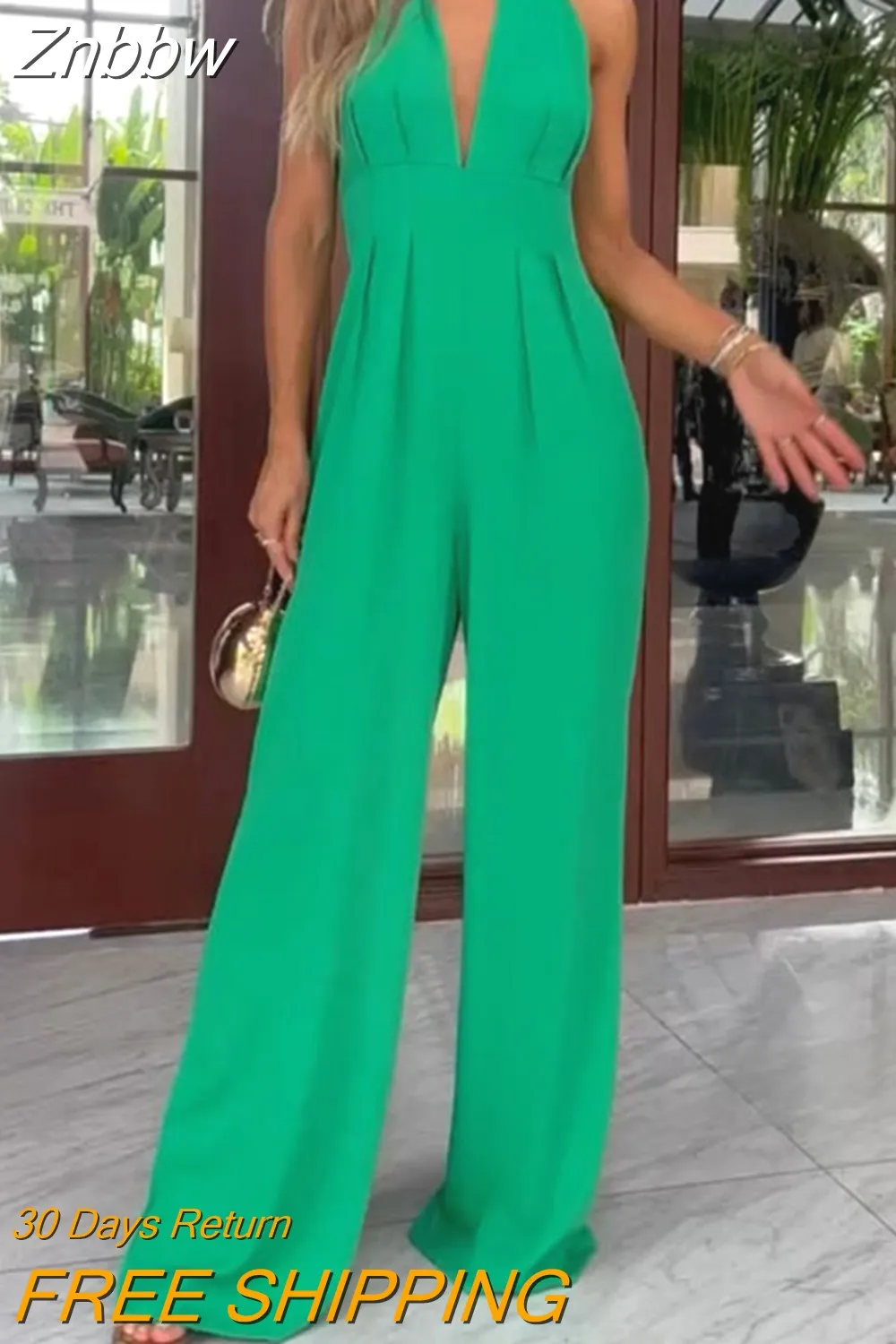 Znbbw Women Jumpsuit Fashion Solid Halter Lace Up Leaky Back Nipped Waist Casual Loose Wide Legs Pants Romper High Streetwear