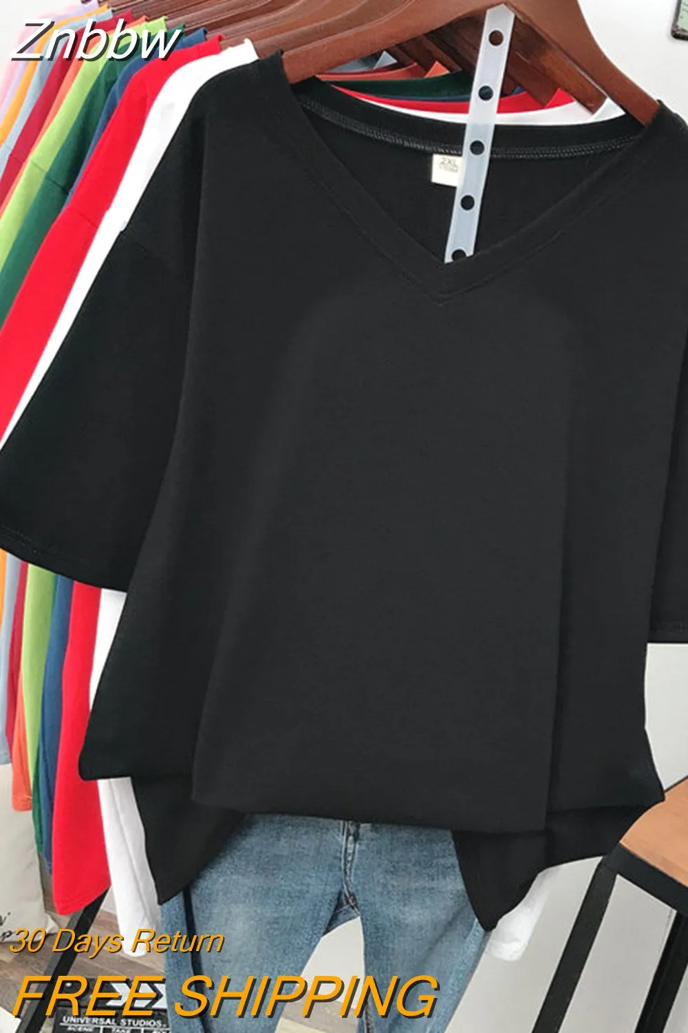 Znbbw 100% Cotton M-6XL T Shirt Solid V Neck Tshirt Short Sleeve Women's Top Basic Summer Couple Oversized T Shirts - Image 6