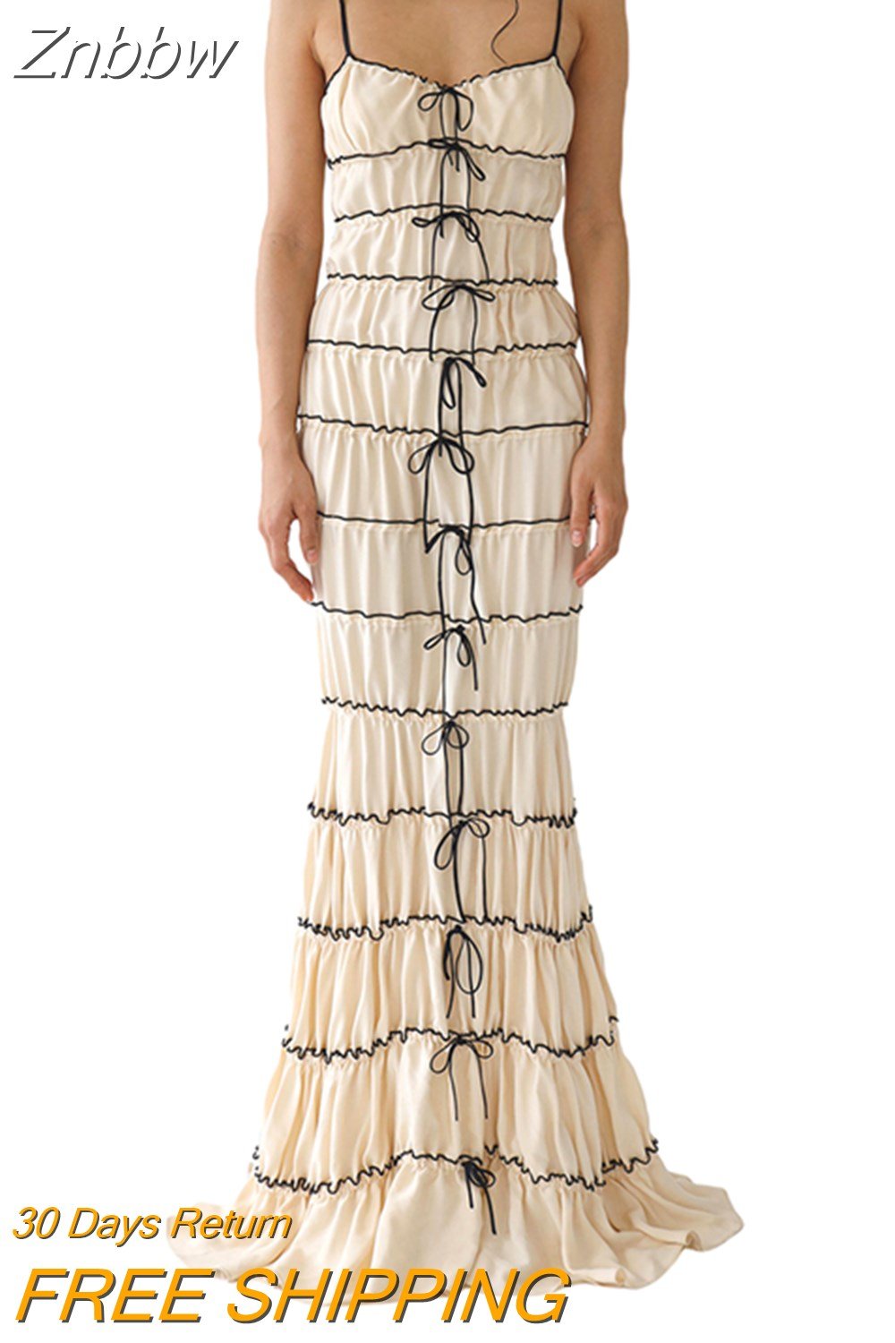 Znbbw Bandage Bow Ruched Spaghetti Strap Long Dress y2k Grunge Sling Sleeveless Low Cut Contrast Color Cake Dress 2023 Summer - Image 7