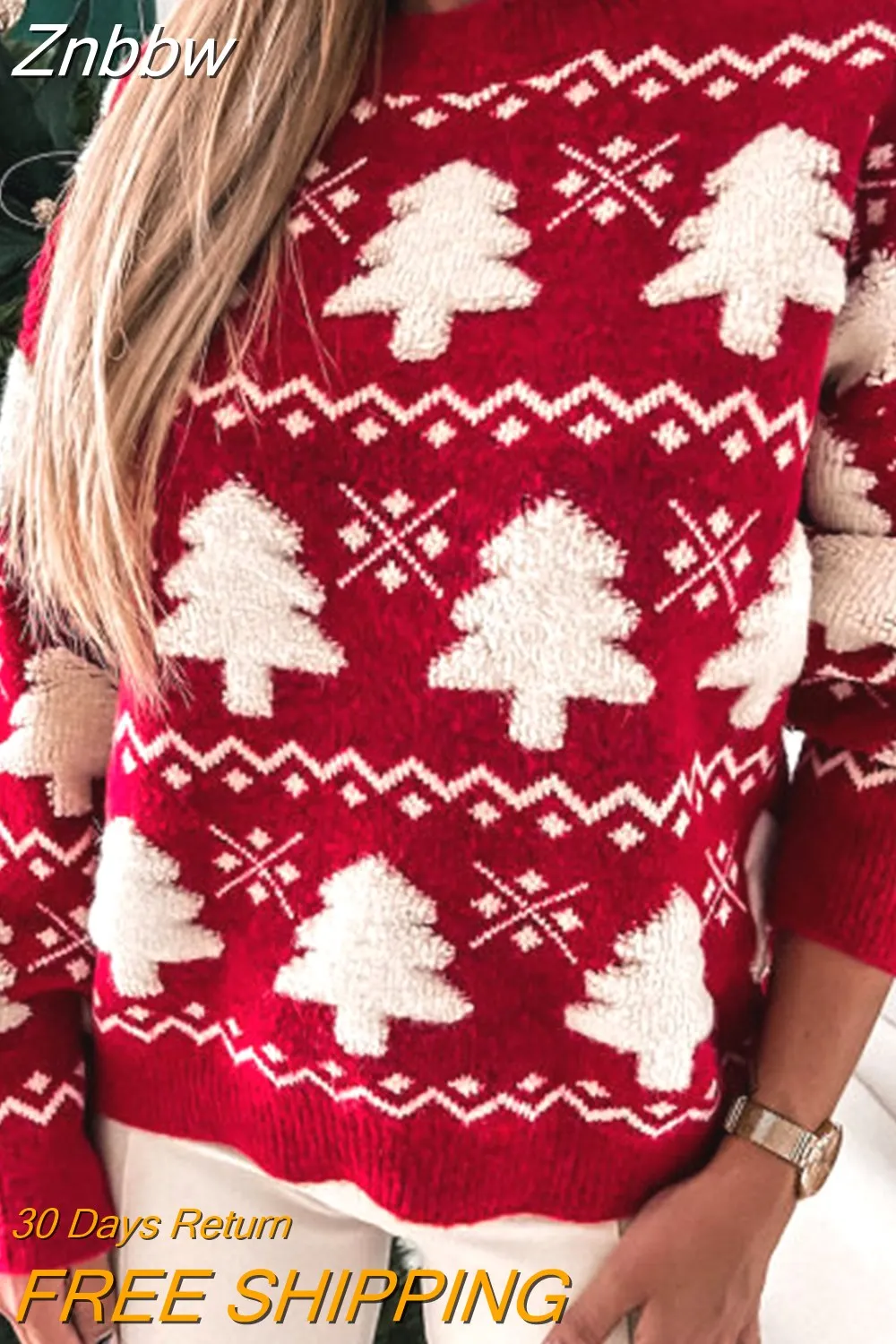Znbbw Autumn Fashion Christmas Tree Print Sweater Women Casual Long Sleeve O Neck Pullover Sweater Ladies Loose Patchwork Sweater - Image 2