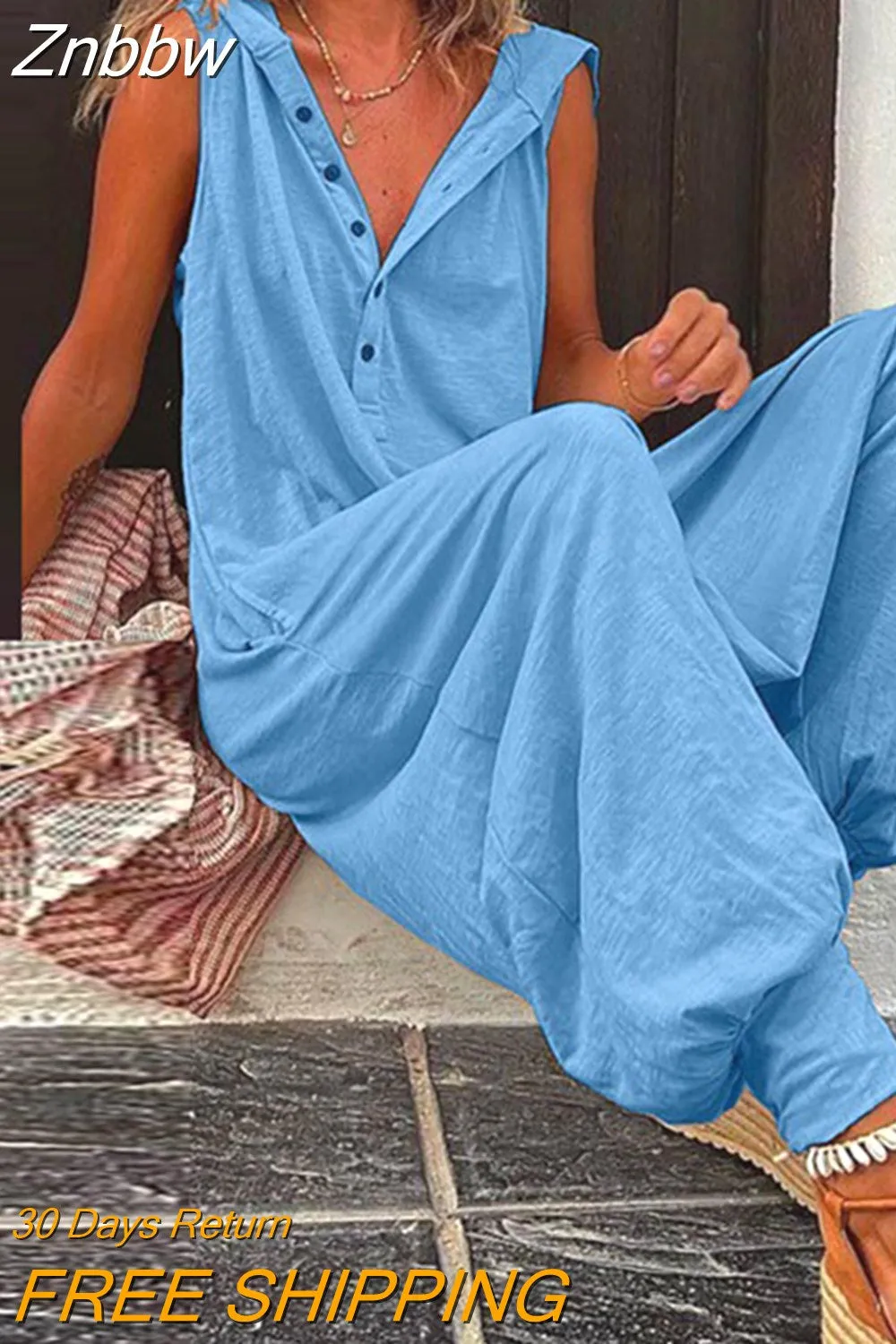 Znbbw Women Solid Hooded Jumpsuit Summer Casual V-neck Sleeveless Button Cross-pants Streetwear Female Loose Retro Romper Playsuits - Image 2
