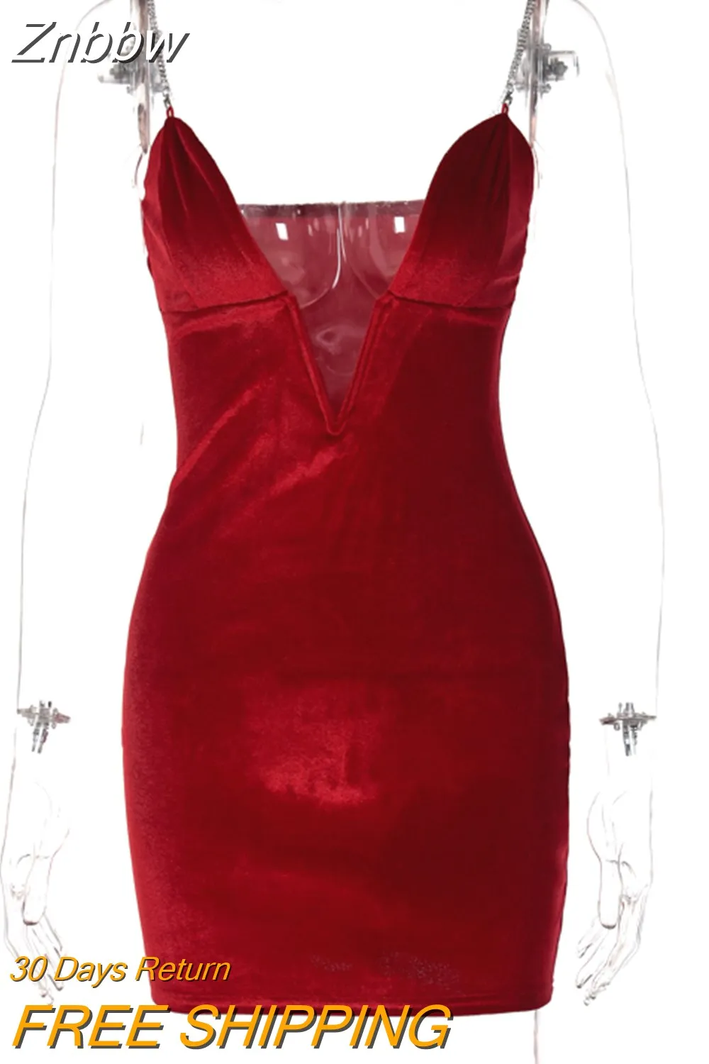 Znbbw Women Sexy V Neck Bodycon Velvet Sleeveless Party Club Red Straps Mini Dress 2023 Spring Summer Clothes Wholesale Items - Image 3