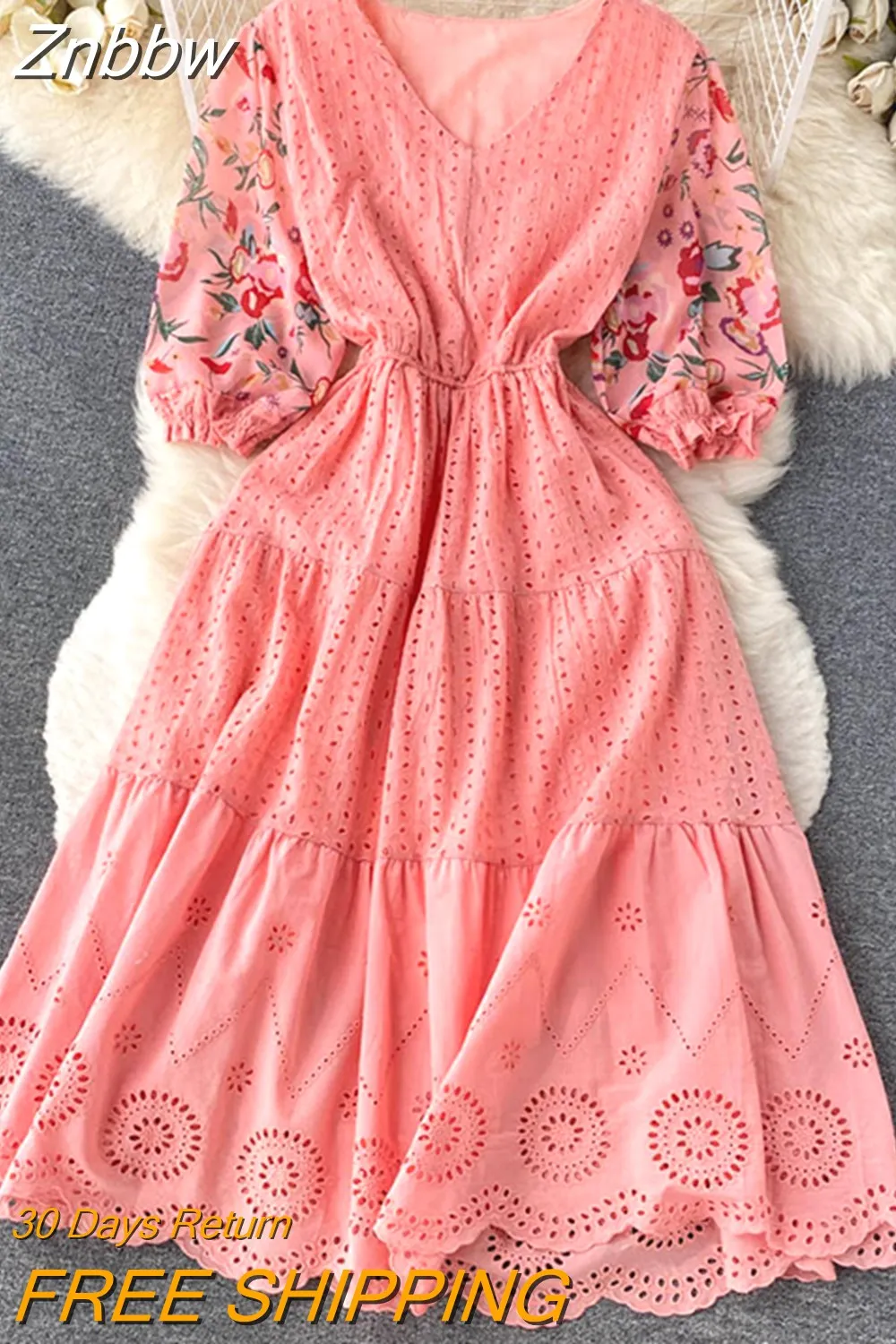 Znbbw Women Summer Dress Ethnic Printed Panel Hollow V-neck Temperament Vestidos Female Small Stature Seaside Holiday D2047 - Image 7