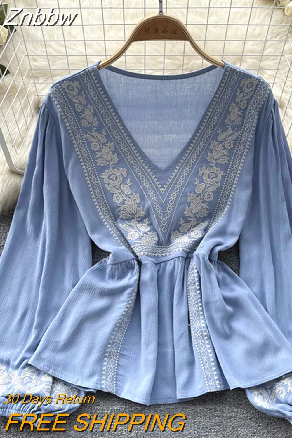 Znbbw Women Spring Summer Blouse French Minority Ruffle V-neck Lantern Sleeve Shirt Design Sense Printed Chic Temperament Top D2531 - Image 4