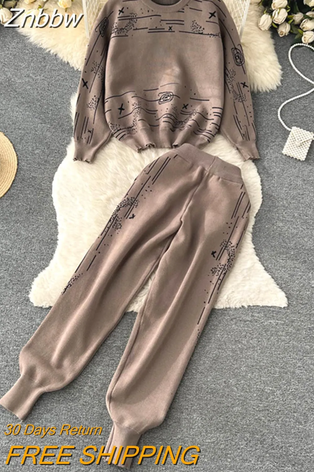 Znbbw Women's Long Sleeve Jacquard Knit Pullover Sweaters+Elastic Waist Pants Sets Fashion Trousers Two Pieces Costumes Outfits - Image 3