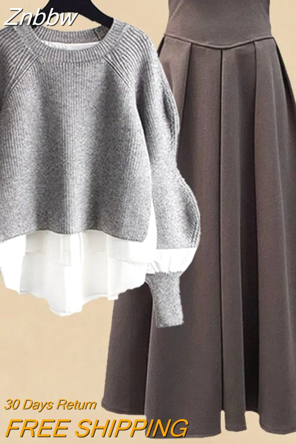 Znbbw Women Spring Autumn Two Pieces Sets Korean Long Sleeve Pullover Knitted Sweater And Pleated skirt Long Suit 0410 - Image 4