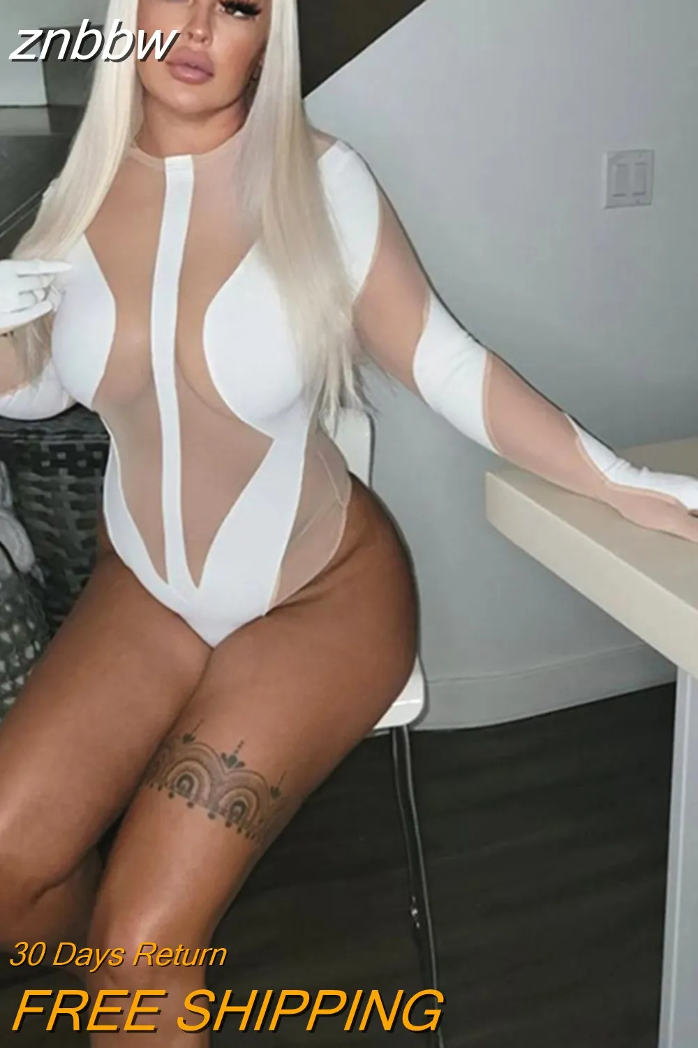 znbbw Autumn Sexy Mesh Patchwork Sheer Bodysuit Club Outfit For Women 2023 Long Sleeve O Neck See Through One Pieces Female - Image 3