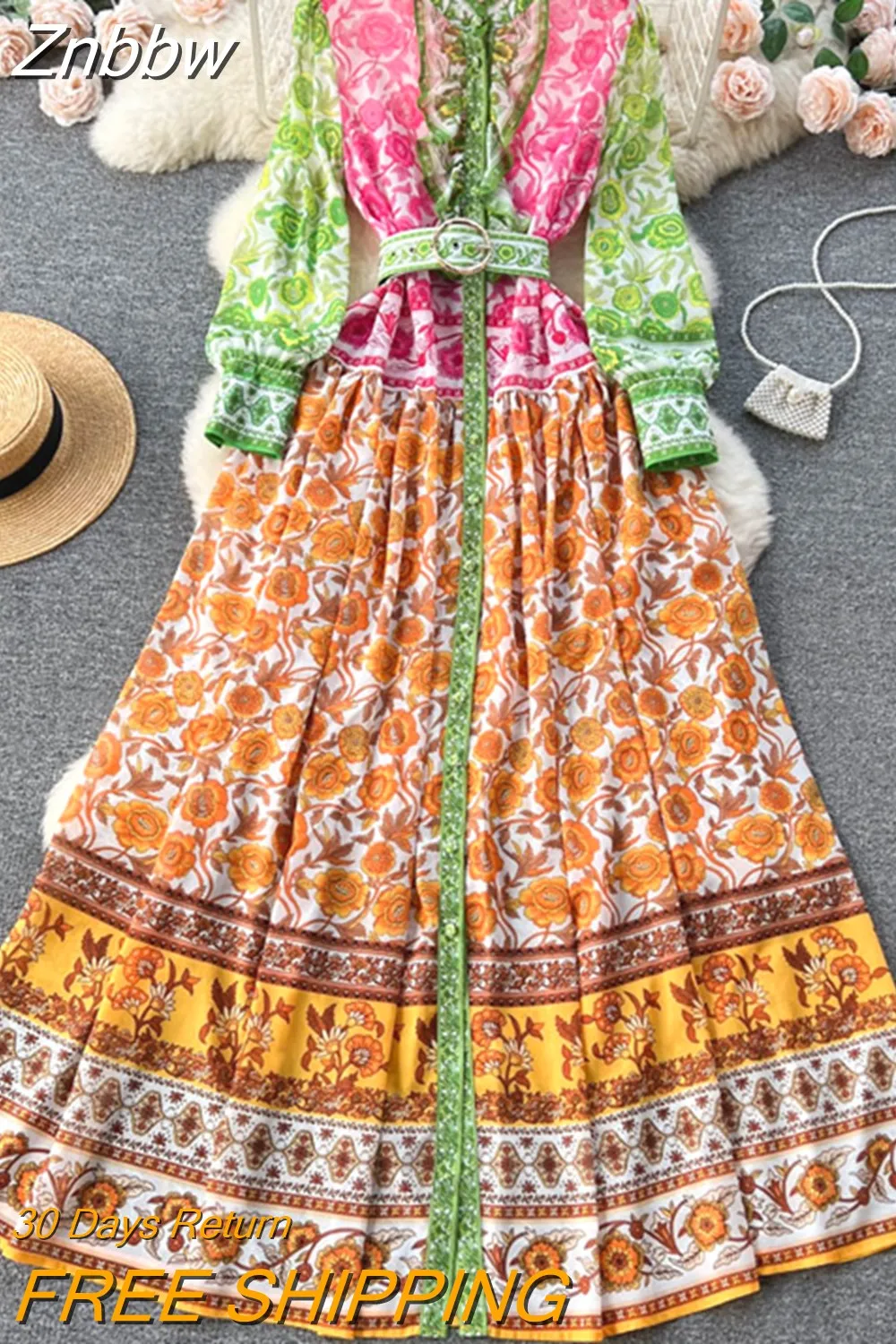 Znbbw High Quality Summer Women Fashion Runway Chiffon Dress Lantern Sleeve Colorblock Flower Print Loose Long Dresses