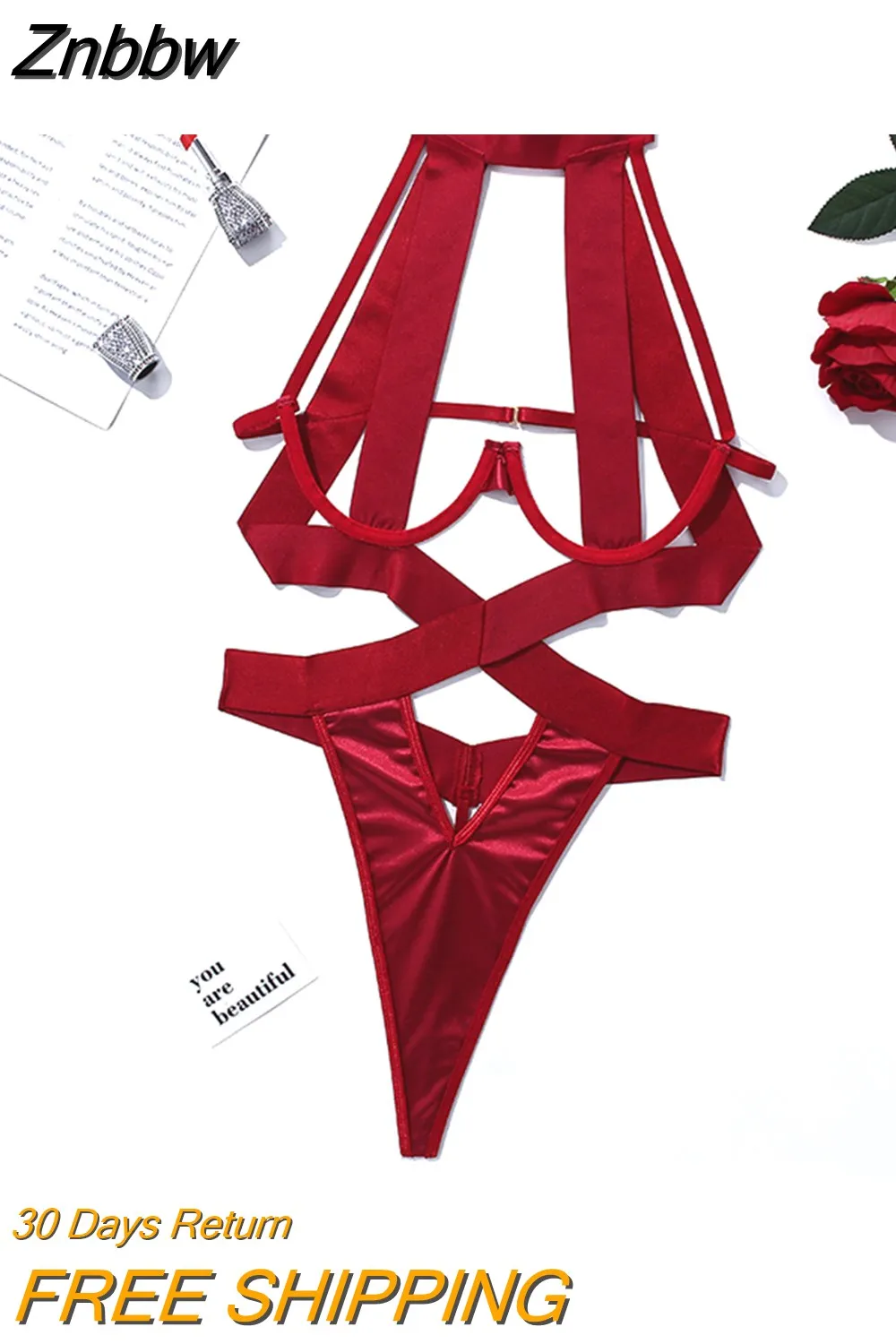 Znbbw Bandage Sexy Lingerie Bodysuit Women Halter Hollow Out Exotic Clothes Black Porn Bottom Sissy Hot Sensual Body - Image 4