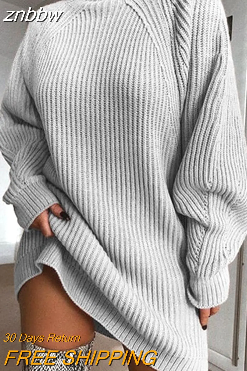 znbbw Women Turtleneck Oversized Knitted Dress Autumn Solid Long Sleeve Casual Elegant Mini Sweater Dress Winter Pullover Clothes - Image 2
