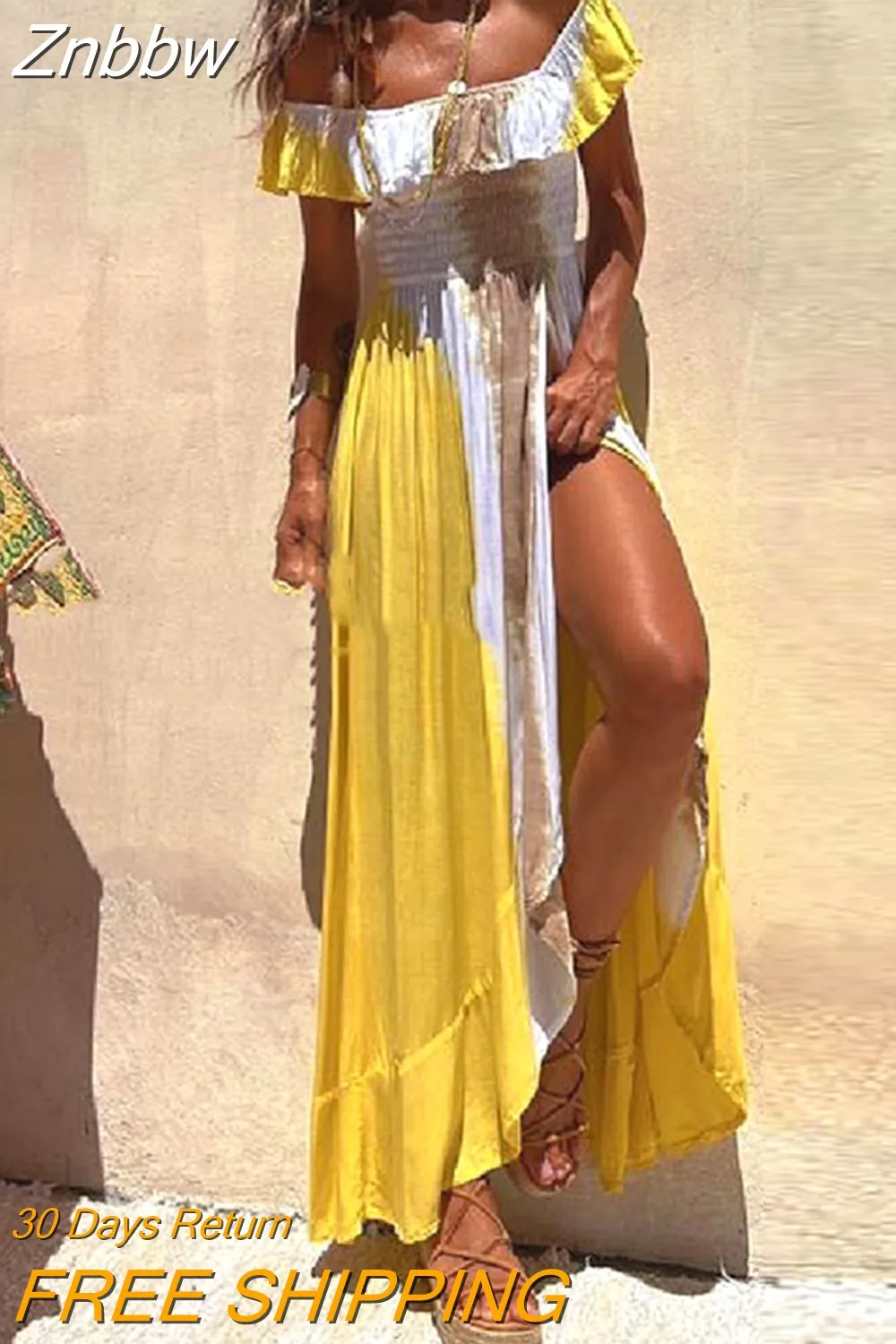 Znbbw Backless Bohemian Dress New Summer Gradient Tie Dye Printed Long Dresses Casual Holiday Women Slash Neck High Waist Dress - Image 2