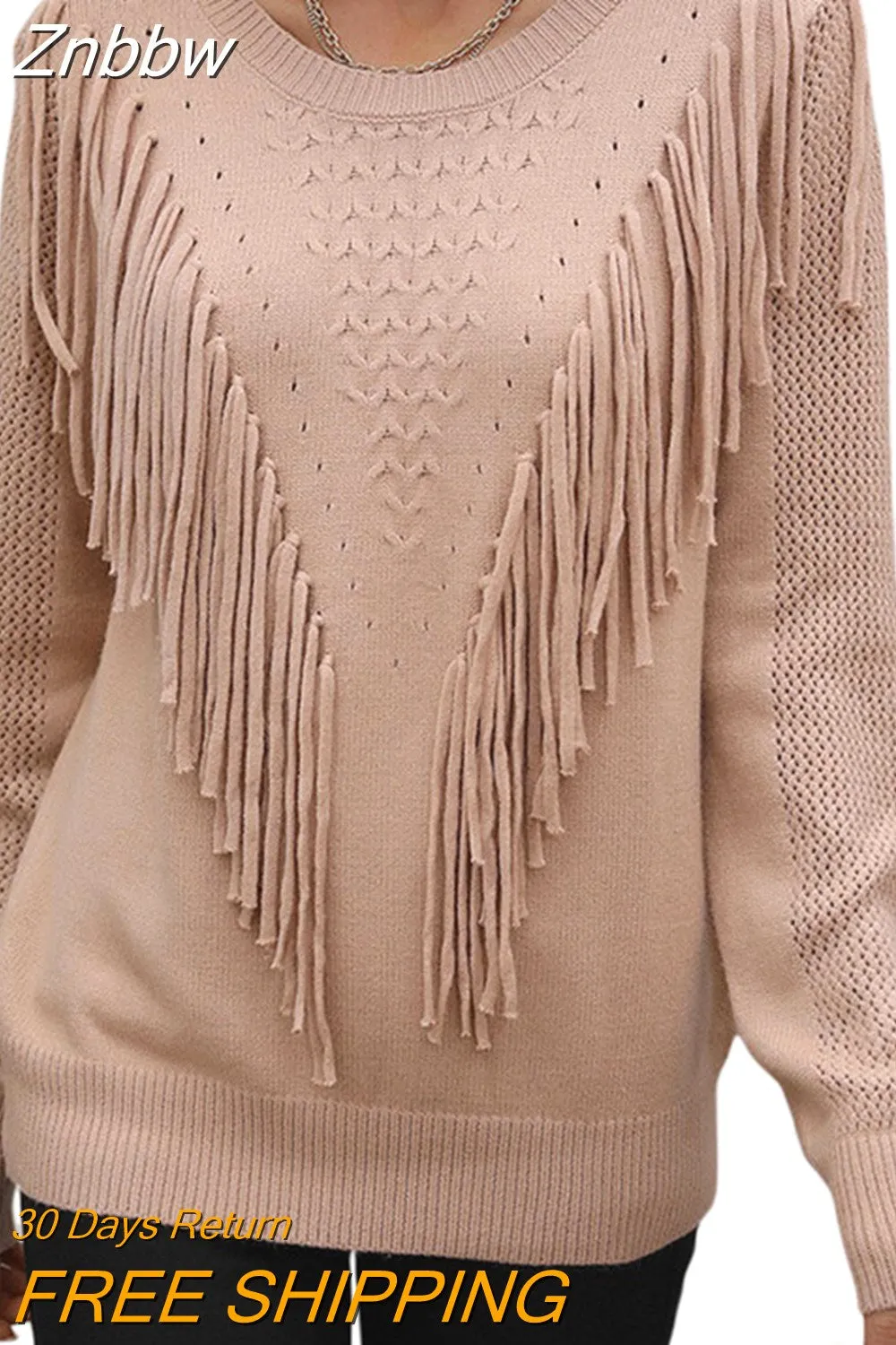 Znbbw Women Sweaters Tassels Autumn 2023 Solid Color Knitwear Long Sleeve Round Neck Fringe Decoration Hole Cutout Loose Sweater Tops - Image 7