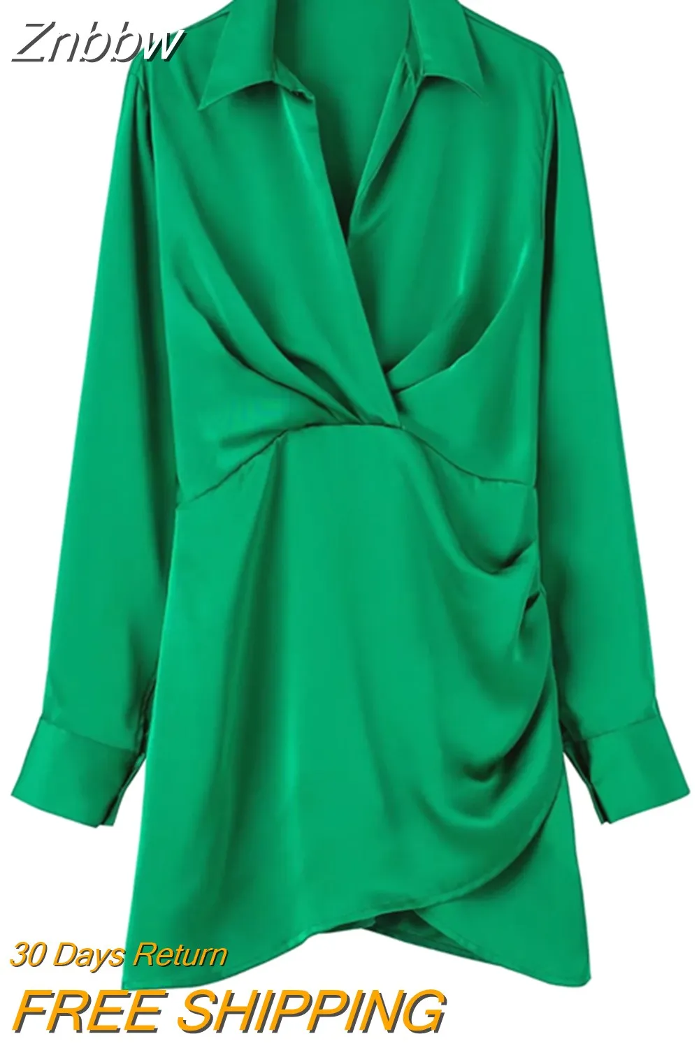 Znbbw 2023 Women Fashion Pleated Soft Touch Wrap Mini Dress Vintage Long Sleeve Side Buttons Female Dresses Vestidos 202304 - Image 6