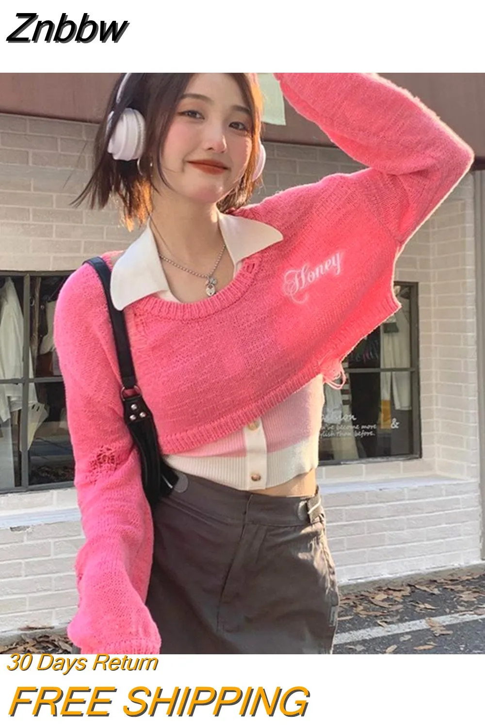 Znbbw Y2K Vintage Oversized Cropped Sweater Women Harajuku Kpop Hollow Out Smock Pullover Korean Sweet Casual Knitwear Jumper - Image 2