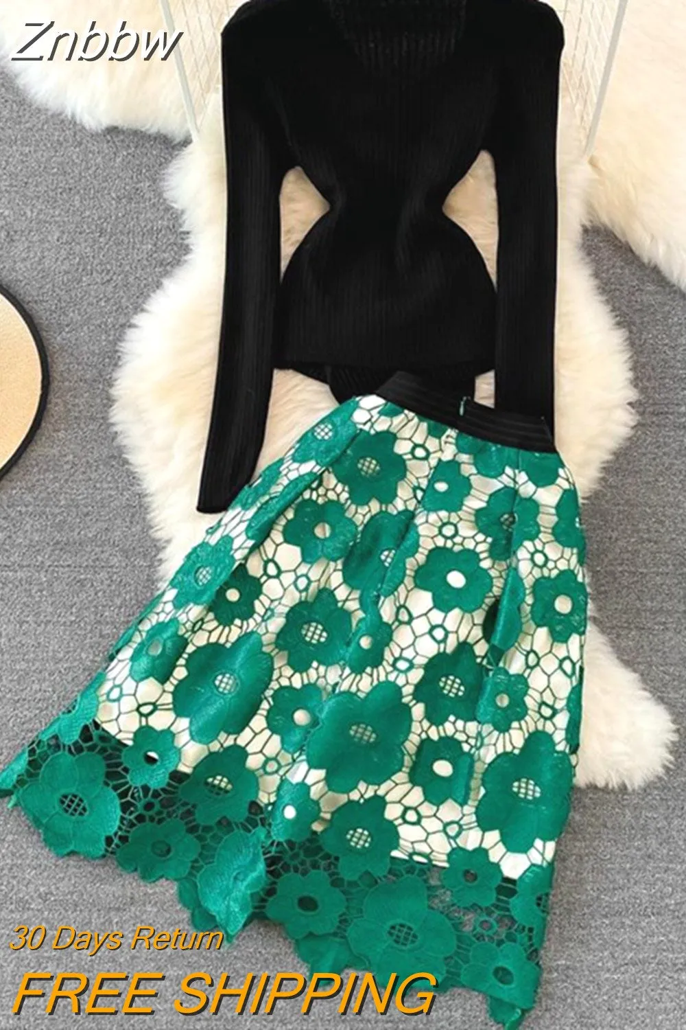 Znbbw Women Hollow Out Embroidery 2 Piece Set Long Sleeve Across Irregular Top + High Waist A-Line Skirt Sets Two Piece Set - Image 5