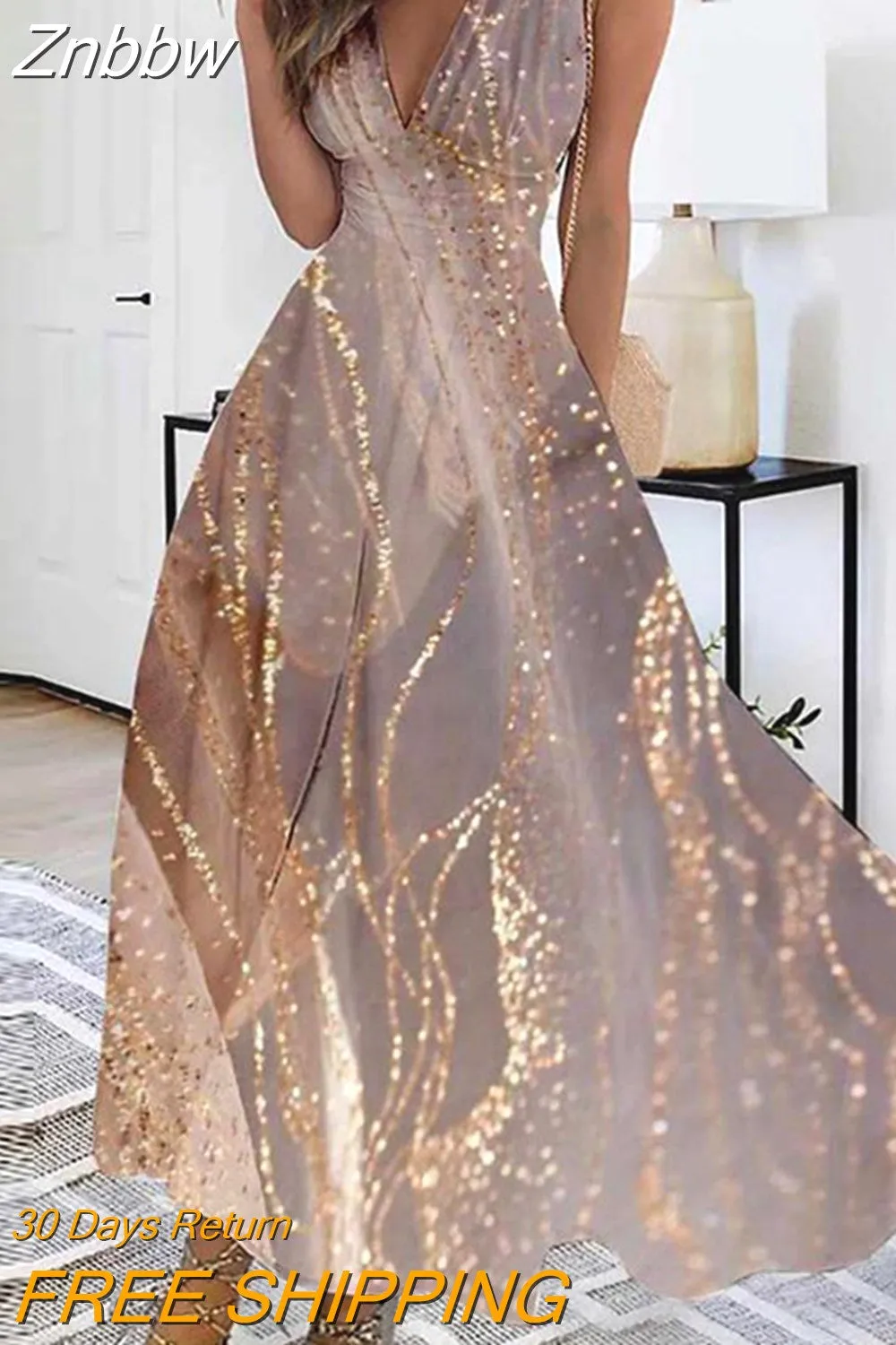 Znbbw Women Sleeveless Evening Dress Casual High Waist Boho Beach Dress New Summer Deep V-neck Floral Print Long Dress Vestidos - Image 2