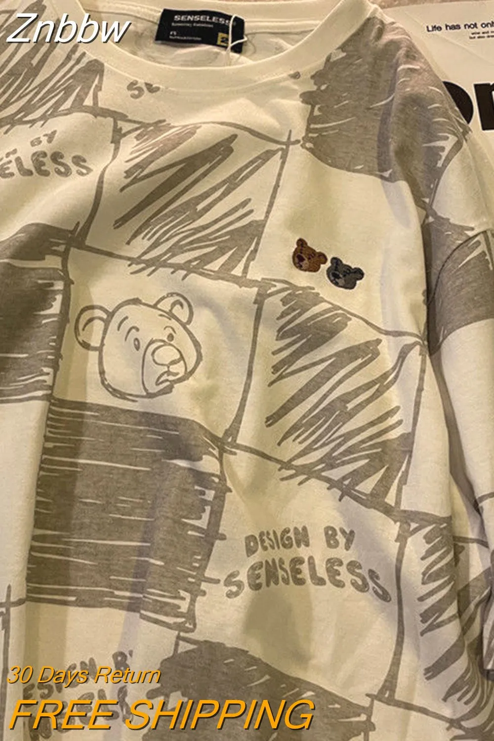 Znbbw 2023 New Korean Style T shirt Women Loose Casual Plaid Bear Printed Short Sleeve Tshirt Female Student Vintage Couple Top - Image 3