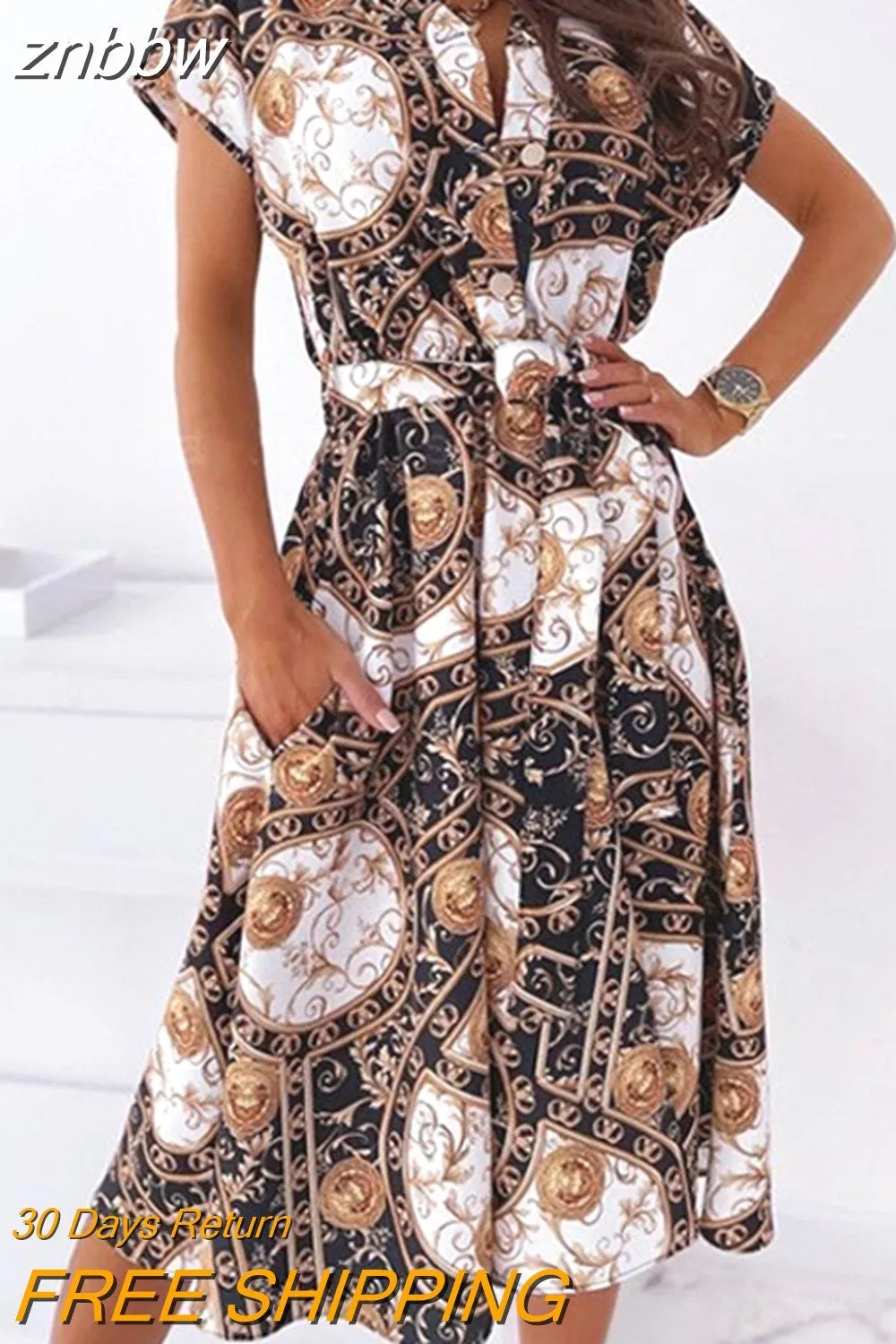 znbbw Women Lace-Up Belt Sundress 2023 Vintage Pattern Print A-Line Midi Beach Dress Sexy V Neck Button Short Sleeve Cover-Ups - Image 3