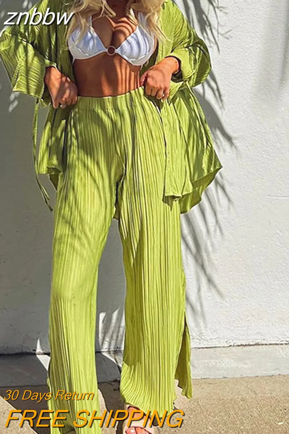 znbbw Women Pleated 2 Piece Sets Long Sleeve Blouse Tops And Split Wide Leg Pant Suit Female Fashion Casual Loose Homewear Outfit - Image 2