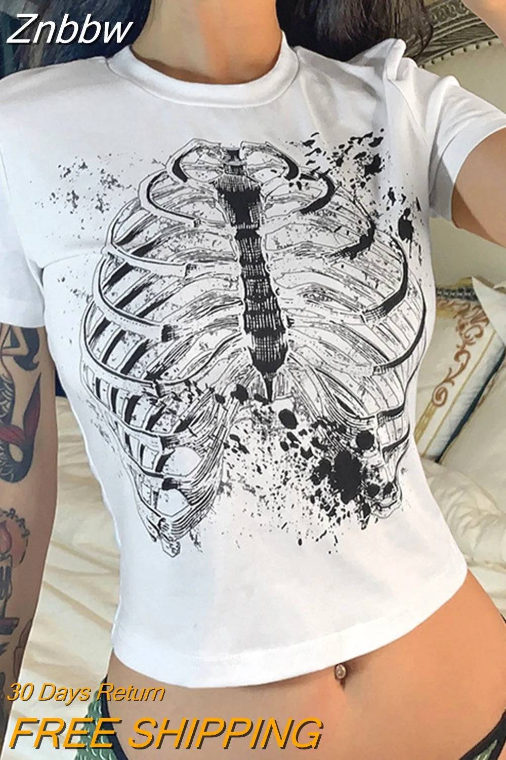 Znbbw Women Teen Girls Gothic Graphic Print Crop Tops T Shirts O-Neck Short Sleeve E-Girl Aesthetic Kawaii Crop Tees Tops Streetwear - Image 14